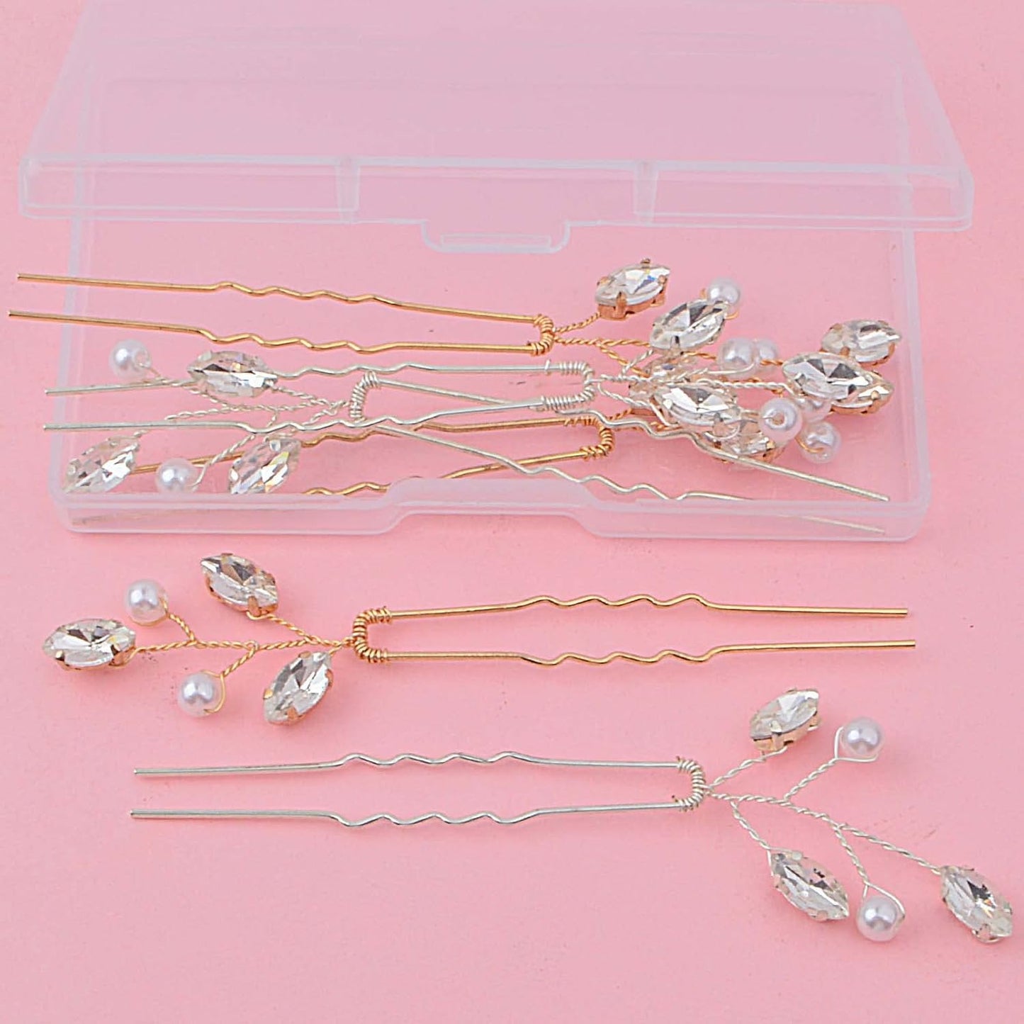6pcs Pearl Rhinestone Hairpins Clips U-shaped Pearl Embellished Bobby Pins Headpiece Bridal Hair Accessories with a Plastic Box for Women Bride Bridesmaid Wedding Birthday, 2 Colors