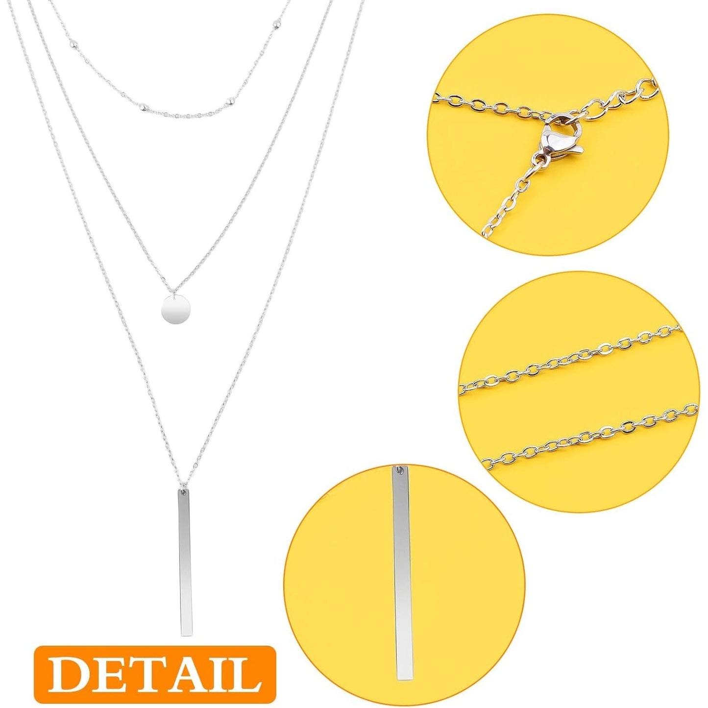 1 Set Stainless Steel Triple Layered Necklace Bead Chain Collars Long Necklace Chokers Coin Long Bar Pendant Necklaces Collars and 1 Pair Bar Pendant Earrings for Women Gift