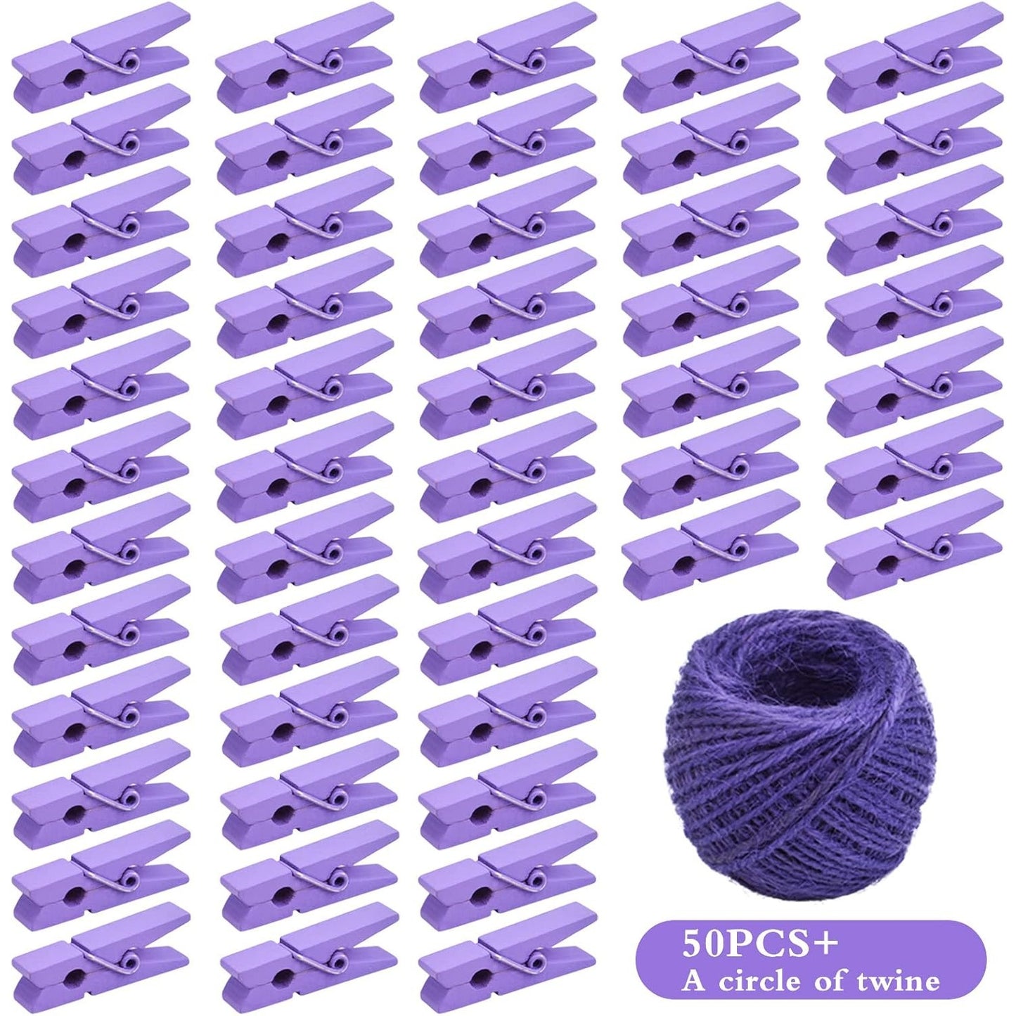 50pcs Purple Mini Wooden Pegs Pins Hardwood Photo Clips Clothespins Non Slip Laundry Pegs with 1 Roll Natural 50 M Jute Twine for Paper Photo Hanging Arts Crafts Decor