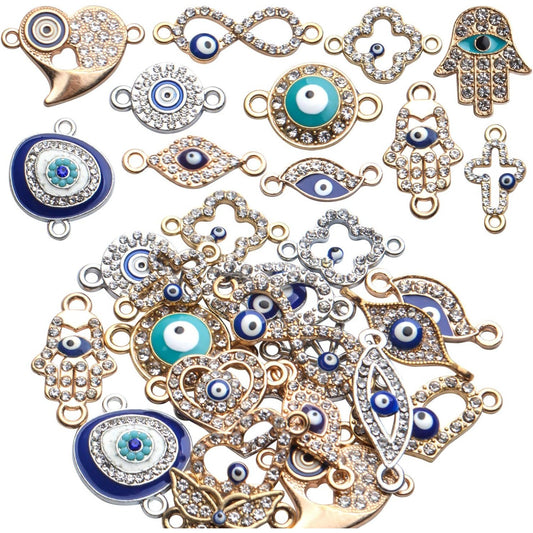 Evil Eye Connector Charms, 22pcs Enamel Rhinestone Diamond Heart Infinity Butterfly Hand of Fatima Jewelry With 2 Holes for DIY Bracelet Earrings Necklace