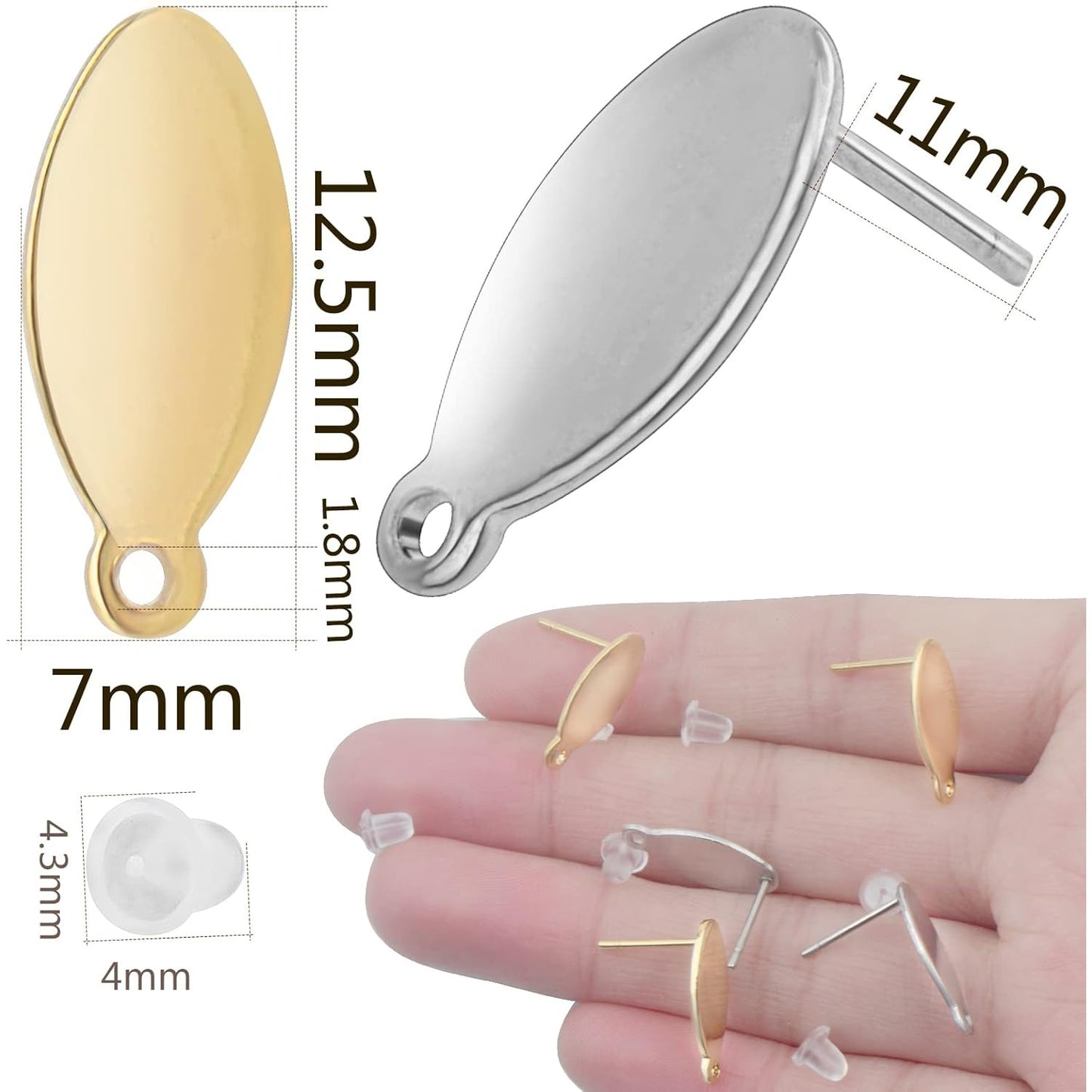 20pcs Stainless Steel Oval Earring Post with Loop Hypoallergenic Stud Earring Findings and 20pcs Earring Backs Stoppers for DIY Jewelry Making