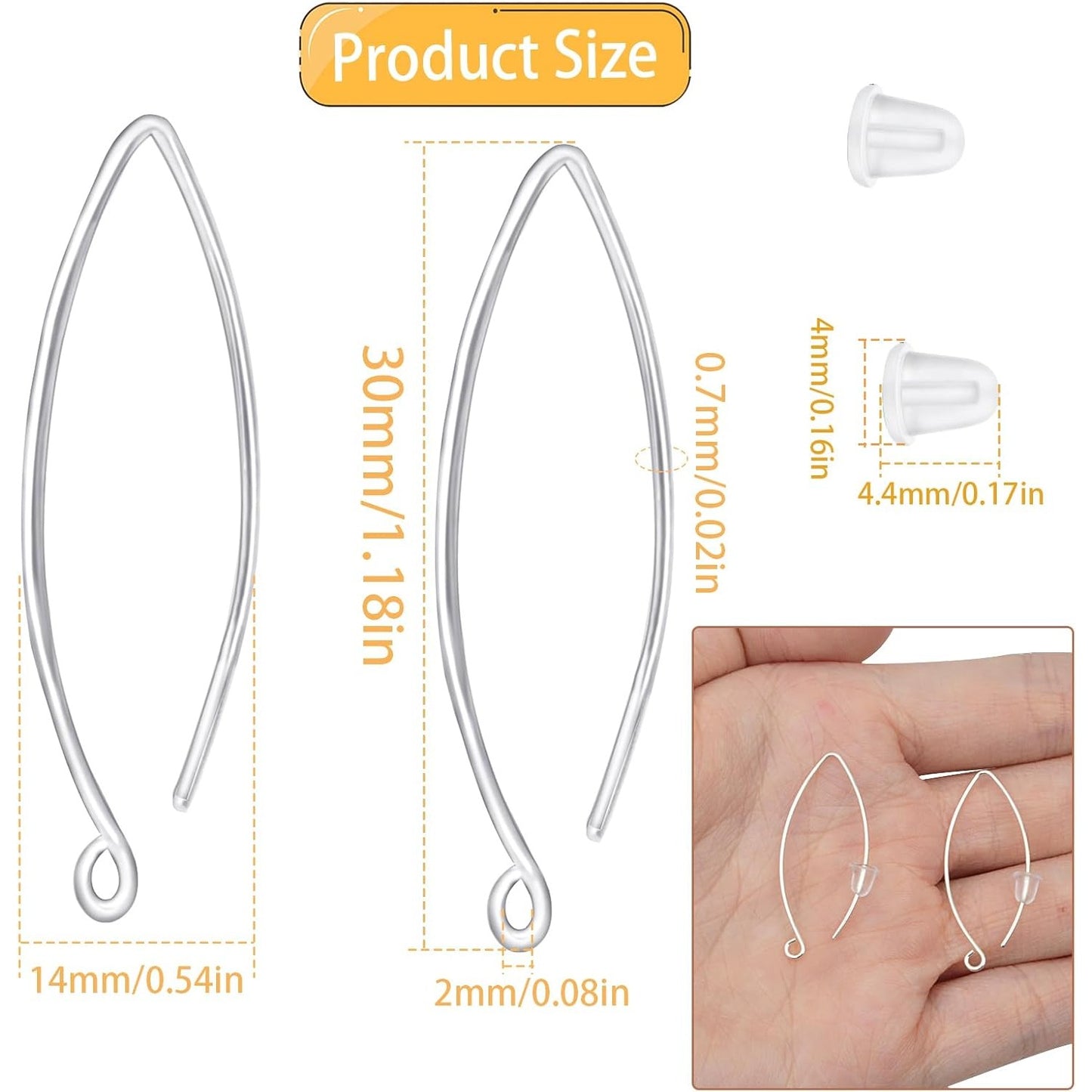 1 Pair of V-Shaped Earring Hooks S925 Sterling Silver Long Ear Wire Hook Dangle Connectors Replacements with Clear Ear Backs for DIY Earrings Crafts Jewelry Making Accessories