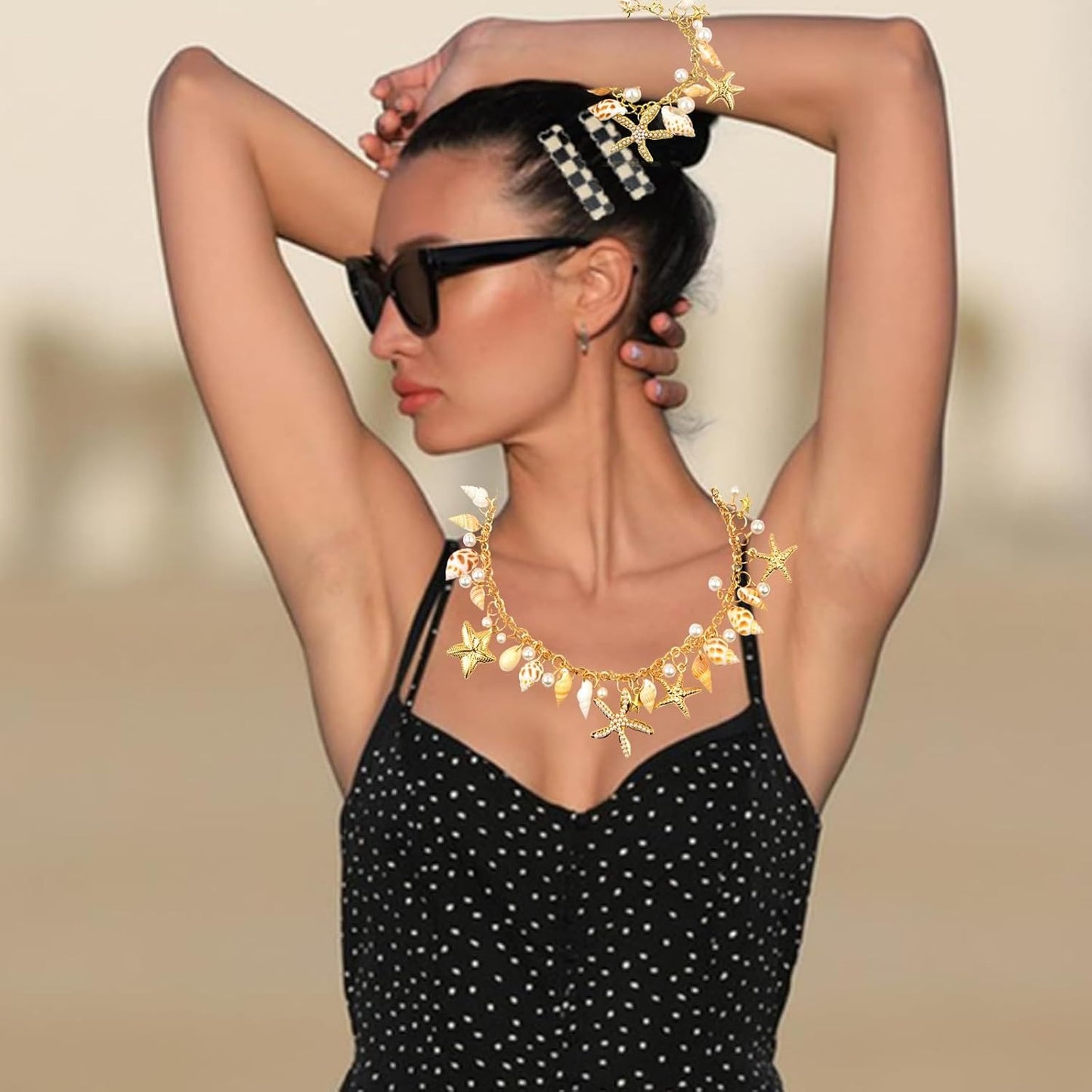 Shell Starfish Necklace Bracelet Faux Pearls Conch Statement Adjustable Chunky Necklace Mermaid Tail Bracelet Jewelry Set Costume Accessories for Women Beach-themed Party Cosplay