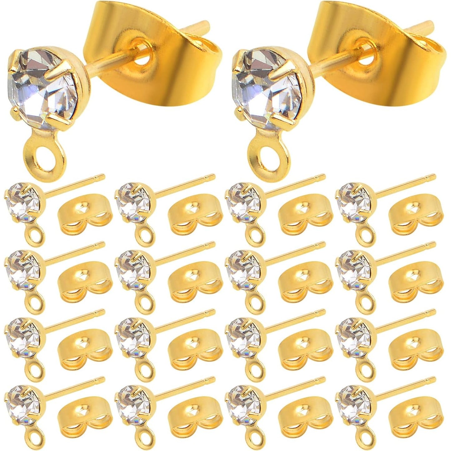 30pcs Stainless Steel Rhinestone Earring Posts with Loop Hypoallergenic Stud Earrings Findings and 30pcs Butterfly Earring Backs for DIY Jewelry Making Supplies, Golden