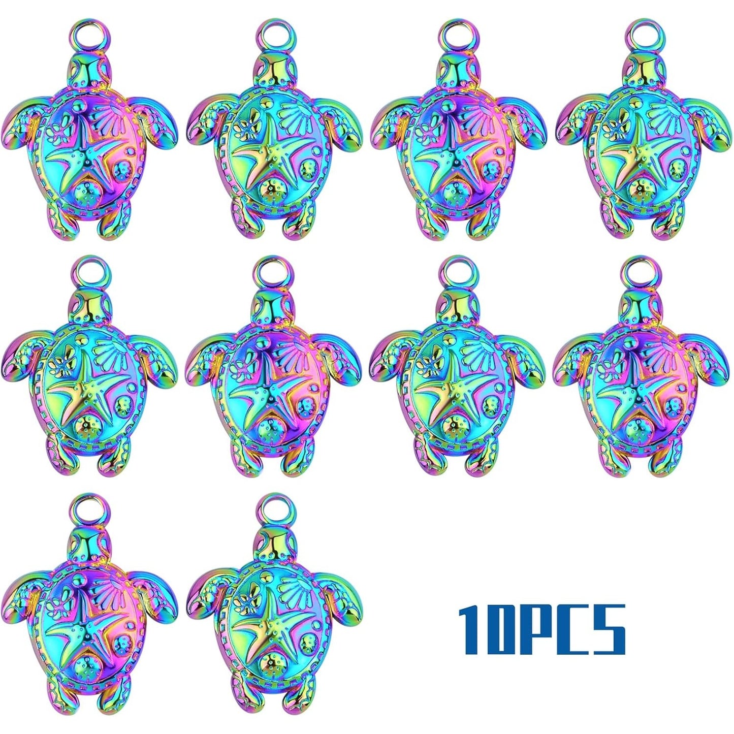 10pcs Stainless Steel Sea Turtle Charms Hypoallergenic Ocean Animal Turtle Tortoise Shape Dangle Pendants for DIY Necklace Bracelet Crafts Jewelry Making, Rainbow Color