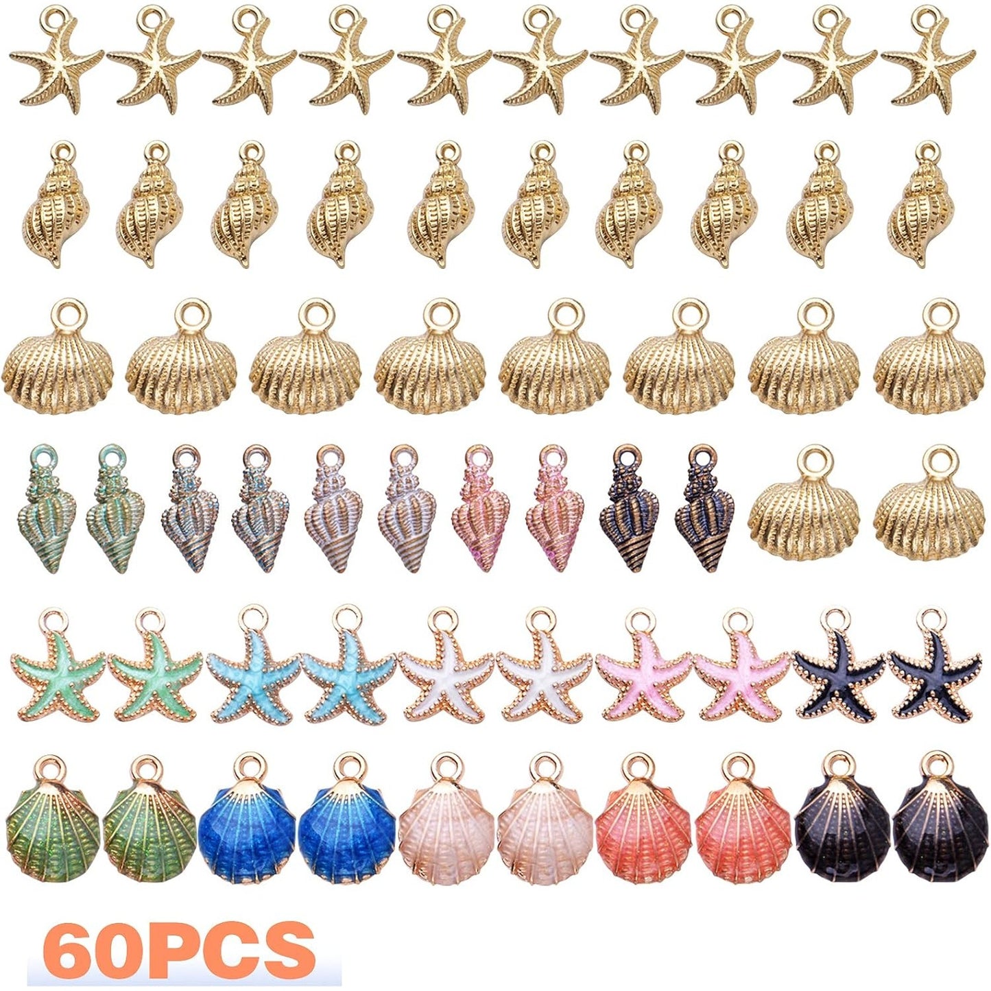 60pcs Alloy Ocean Starfish Seashell Conch Charms Colorful Enamel Ocean Life Sea Animal Pendants Charms Craft Supplies for DIY Jewelry Making Birthday Wedding Party Favor Gifts