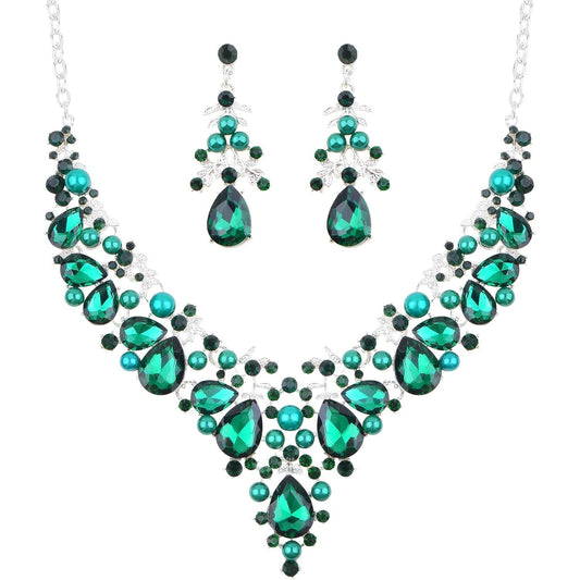 Jewelry Set for Women, 1 Set Green Pearl Crystal Necklace and Dangle Earrings Elegant Bridal Floral Cluster Teardrop Statement Necklace Earrings for Party Prom Gifts