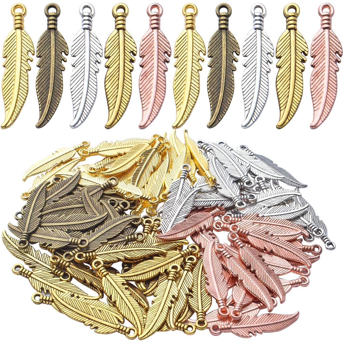 100pcs Feather Charm Pendants Tibetan Alloy Dangle Leaf Charms Craft Supplies for Jewelry Making Findings Accessory for DIY Bracelet Necklace,5 Colors
