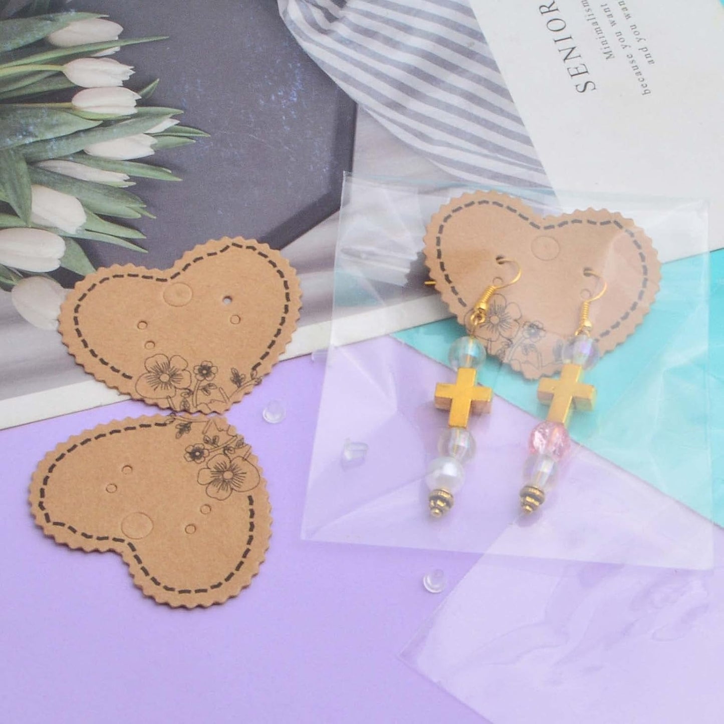 100pcs Heart Earring Card Holder Jewelry Display Cards and 100pcs OPP Self-Sealing Bags with 200pcs Clear Earring Backs for Necklace Earrings Jewelry Display, Brown