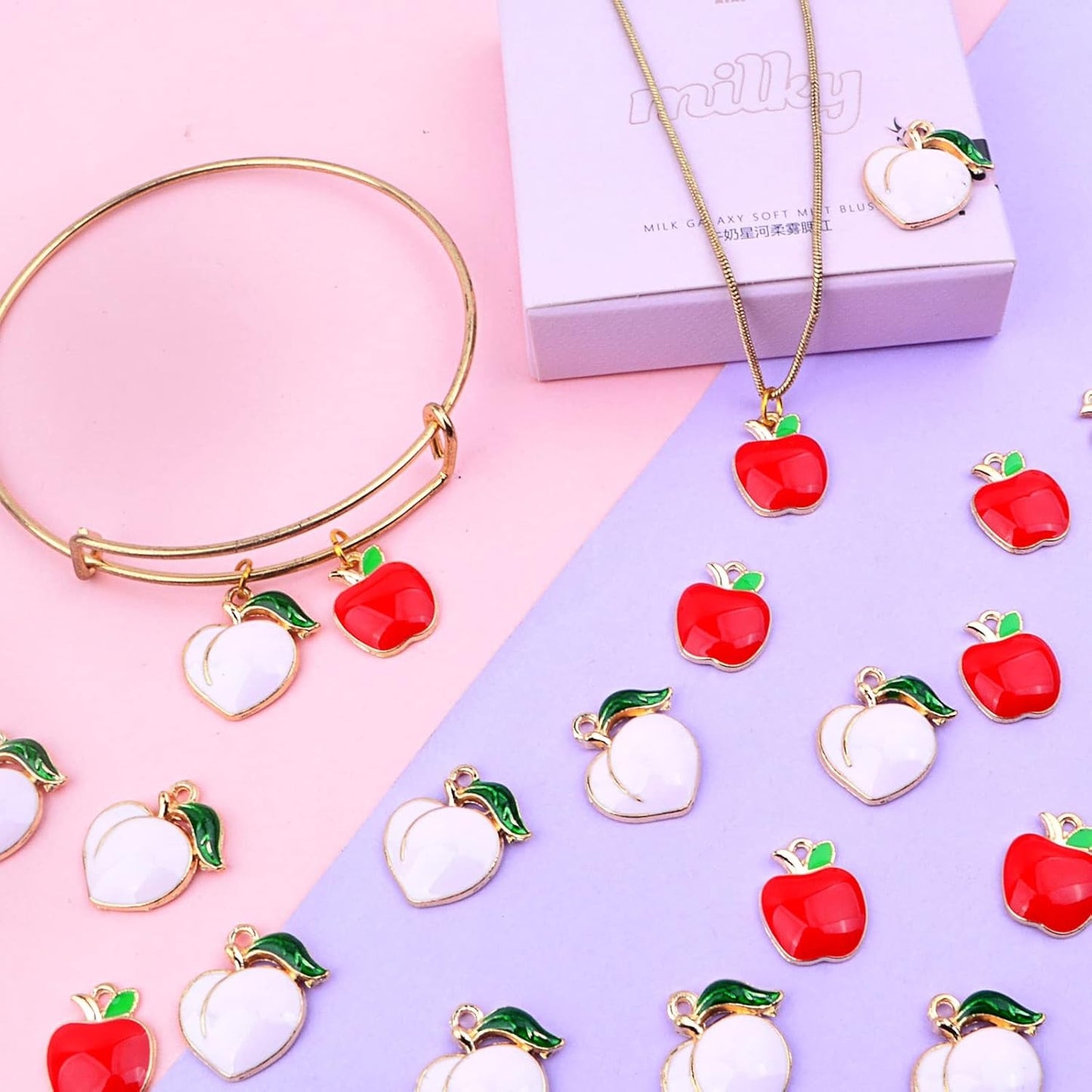40pcs Mini Cute Enamel Apple Peach Charms Alloy Fruit Shaped Dangle Pendants Sweet Imitation Food Hanging Ornaments for DIY Earring Bracelet Necklace Jewelry Making