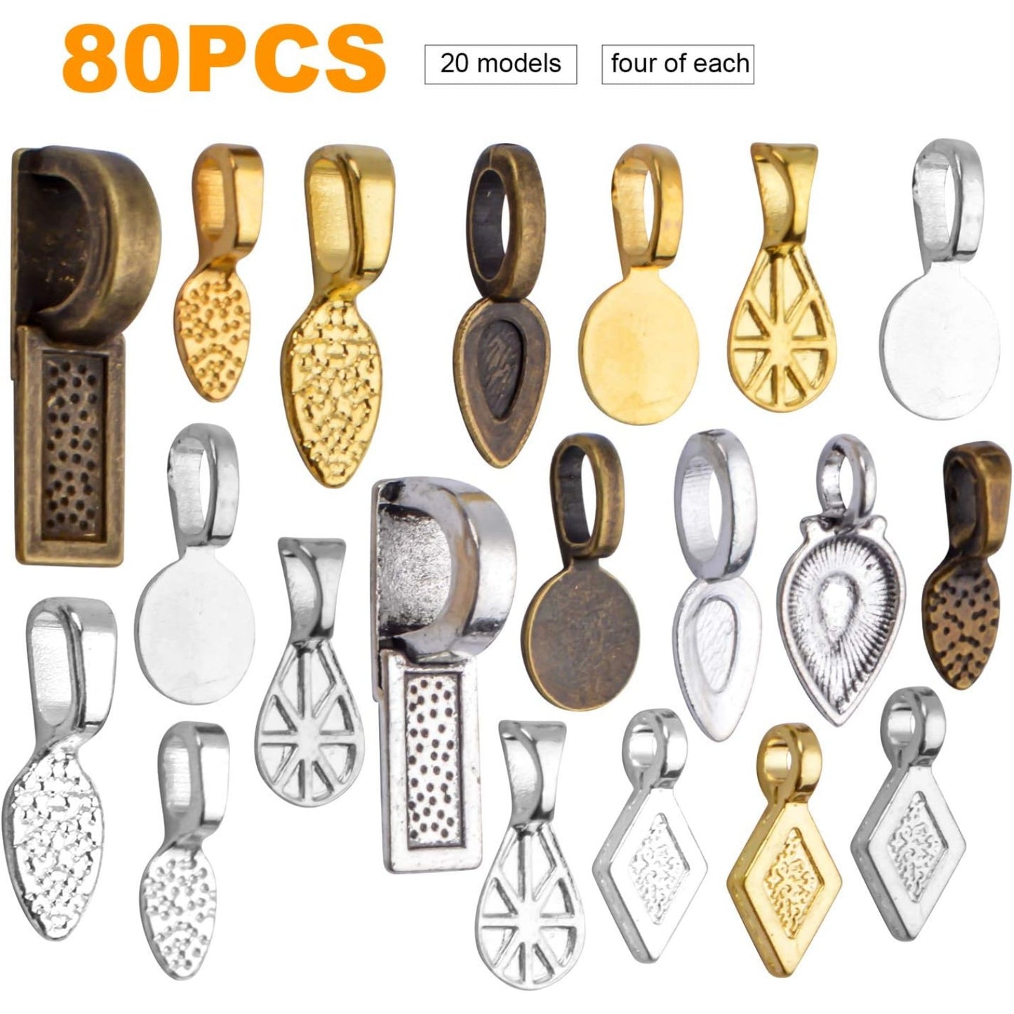 80pcs Glue on Bails Mixed Pendant Bails Glass Cabochon Tiles Pendants for Jewelry Making Necklace,20 Styles