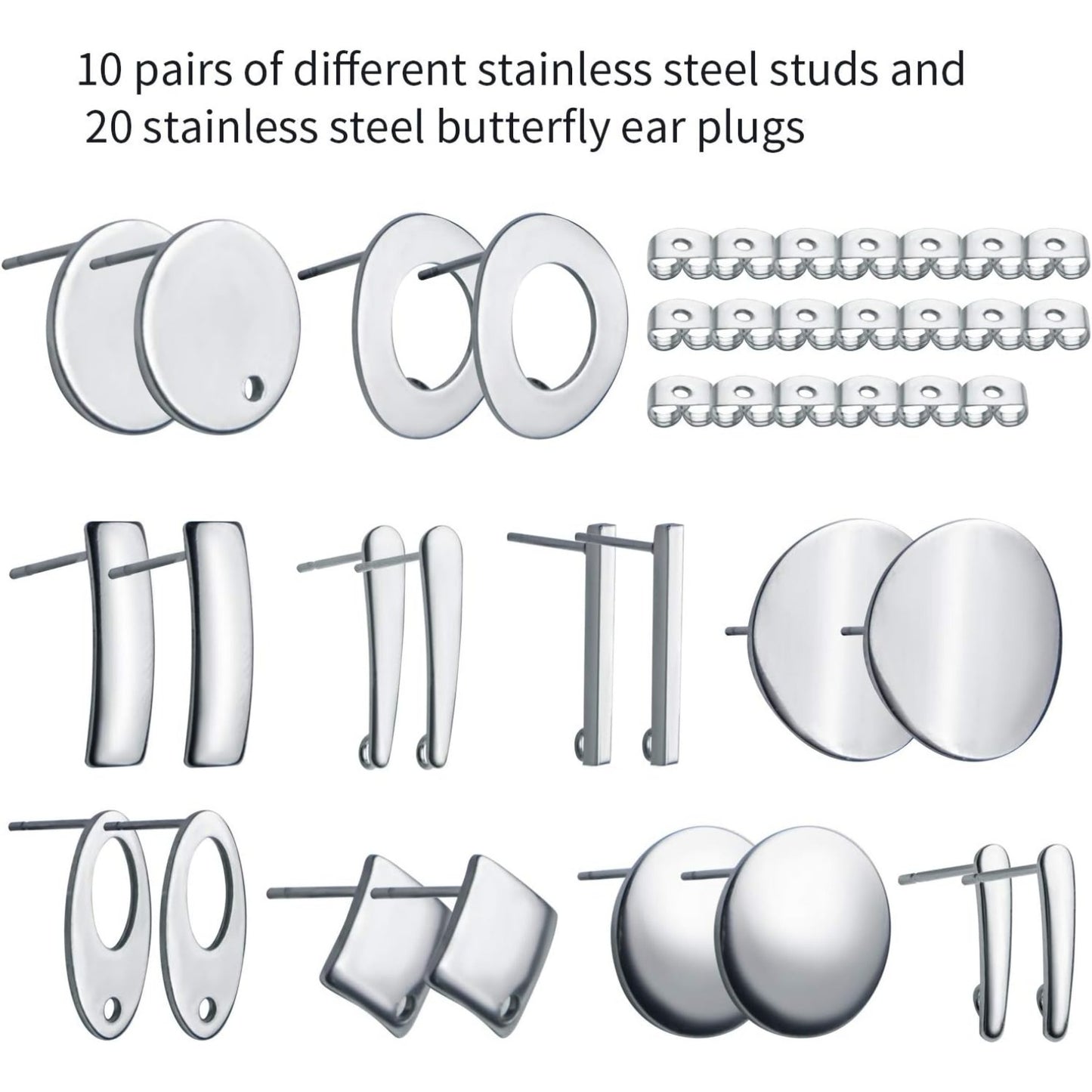 Stud Earring,10 Pairs Stainless Steel Blank Stud Earring Rectangle Bar Pierced Post Stud Earrings with 20 Pcs Butterfly Safety Earring Backs for DIY Earring Making