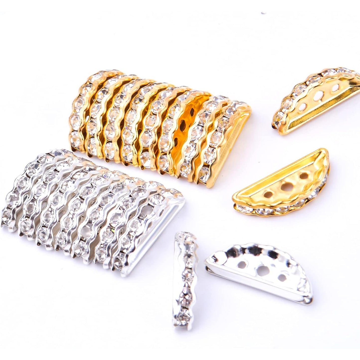 100pcs Rhinestone Spacer Bar Beads 3 Holes Alloy Half Round Crystal Spacers Link Connectors Beads for DIY Multi Strand Bracelet Crafts Jewelry Making, Gold and Silver, 19 mm x 7.5 mm