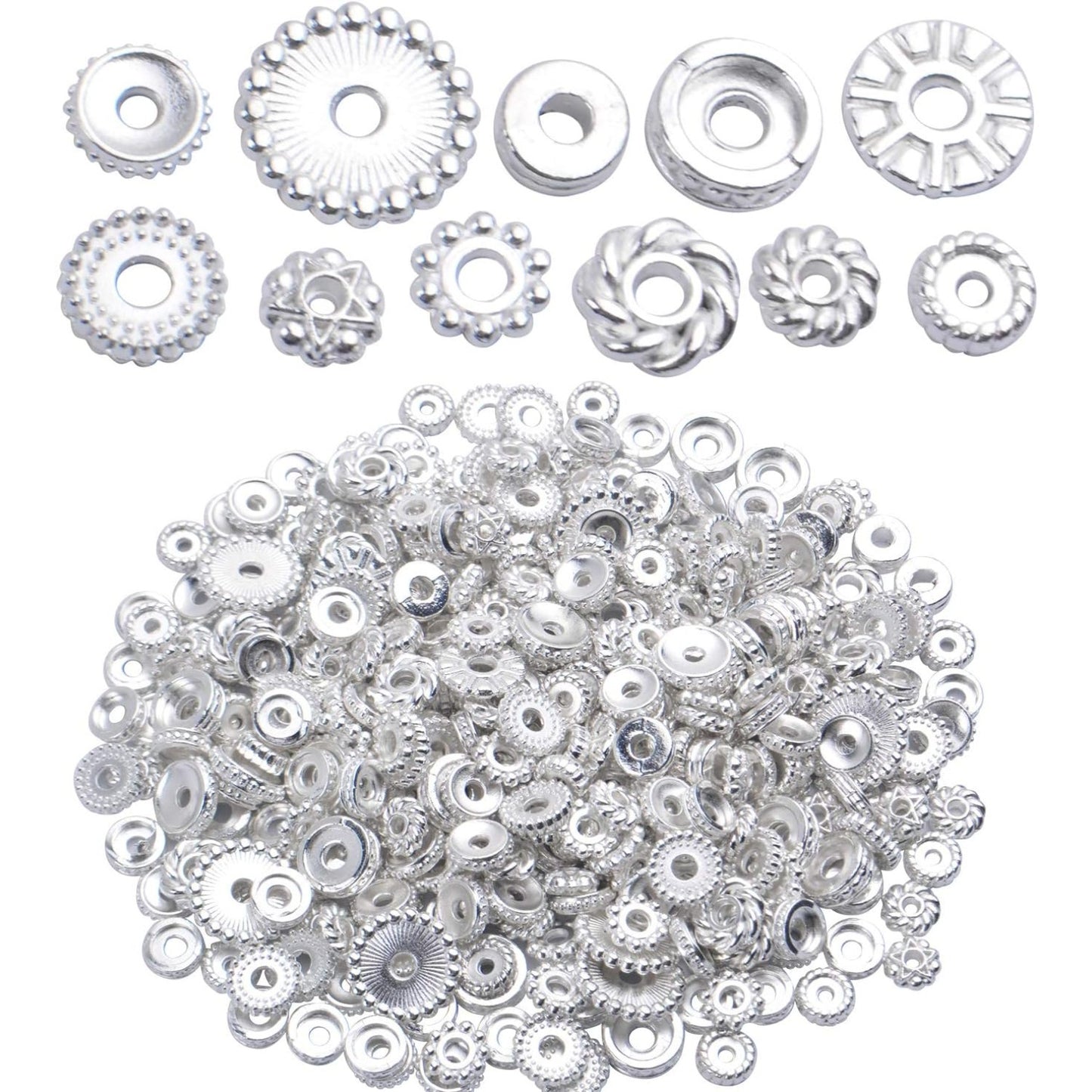 100 Gram(About 170-300pcs) Spacer Beads Jewelry Bead Charm Spacers Alloy Spacer Beads for Jewelry Making DIY Bracelets Necklace and Crafting,Silver