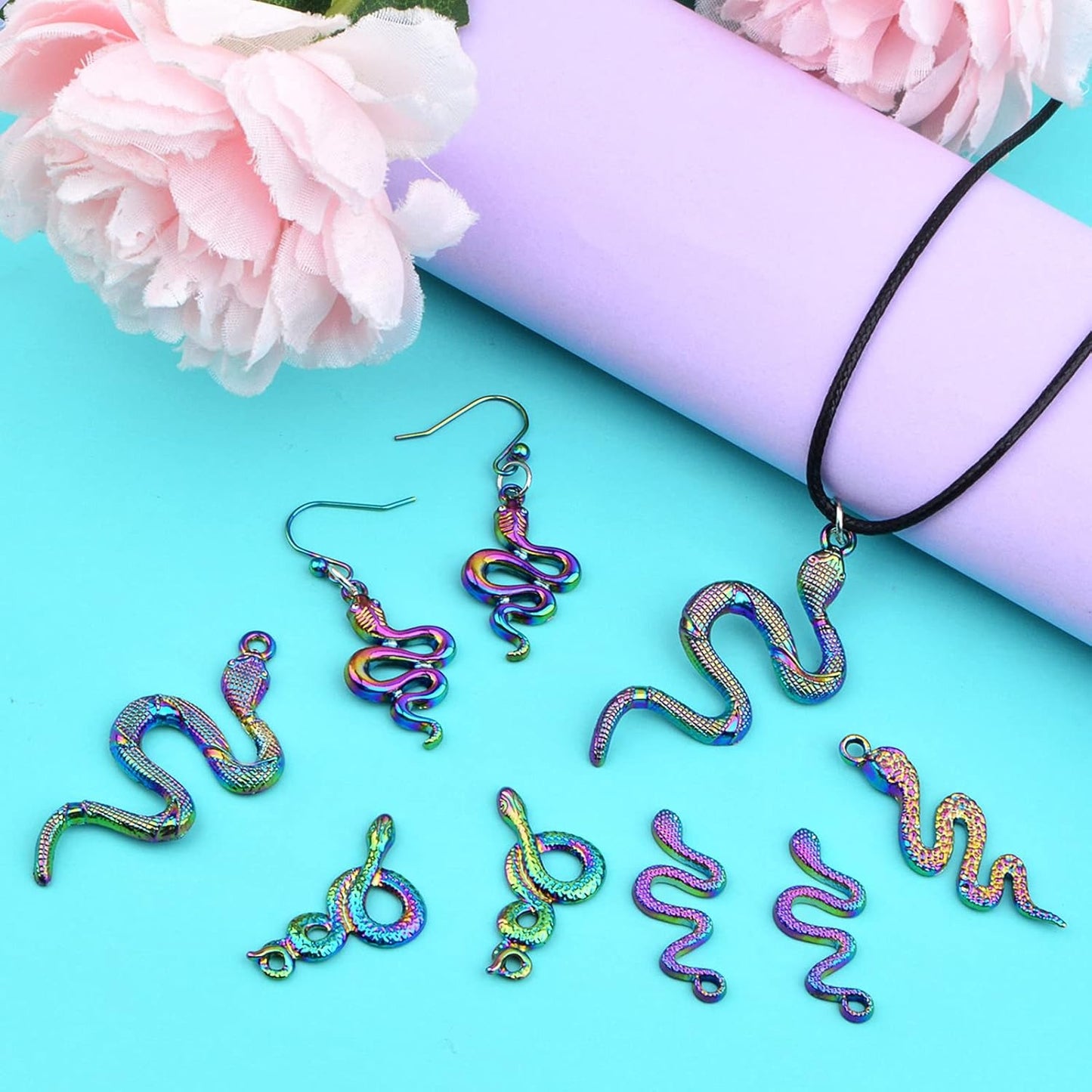 10 Pieces 5 Styles Snake Pattern Pendant Charms Alloy Animal Serpent Shape Dangle Pendants Craft Supplies for DIY Necklace Bracelet Jewelry Making, Rainbow Color