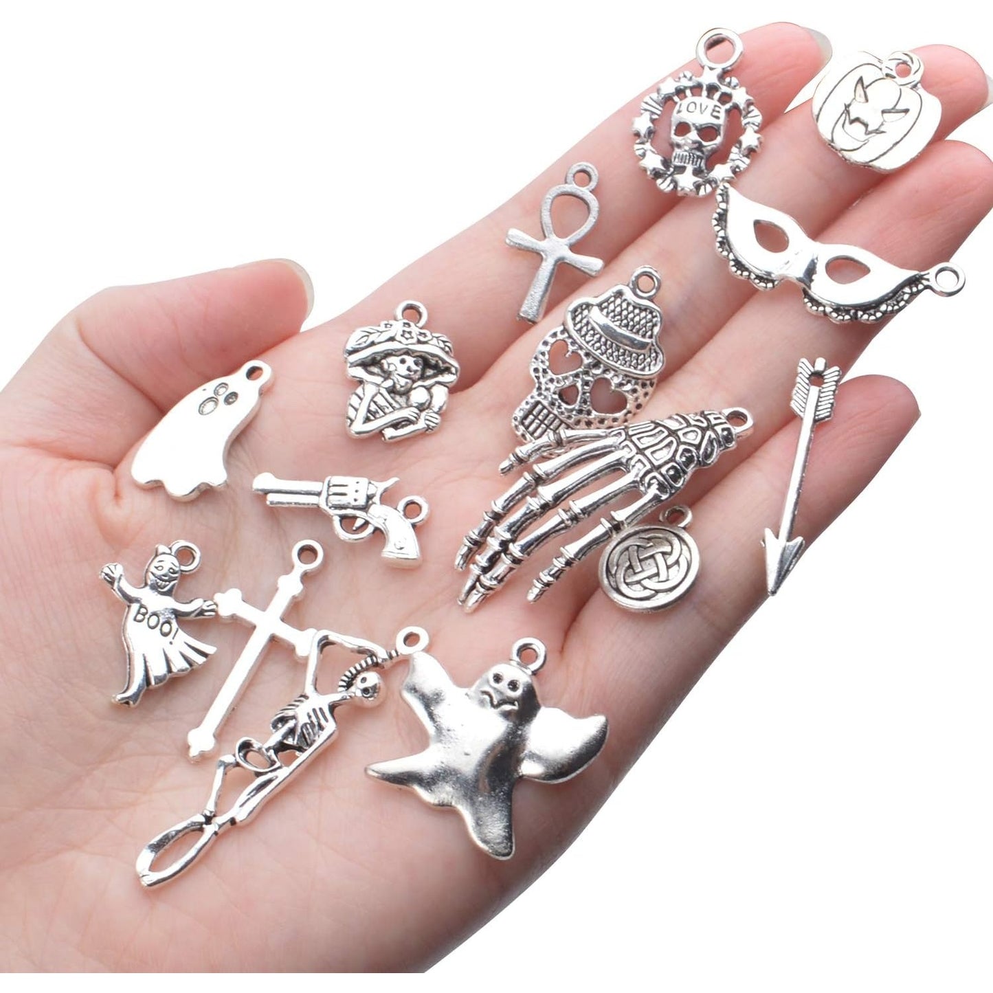 50 Pieces Halloween Theme Charms Assorted Tibetan Silver Pendants Skull Skeleton Pumpkin Bat Witch Charms for Jewelry Making Key Rings Crafts