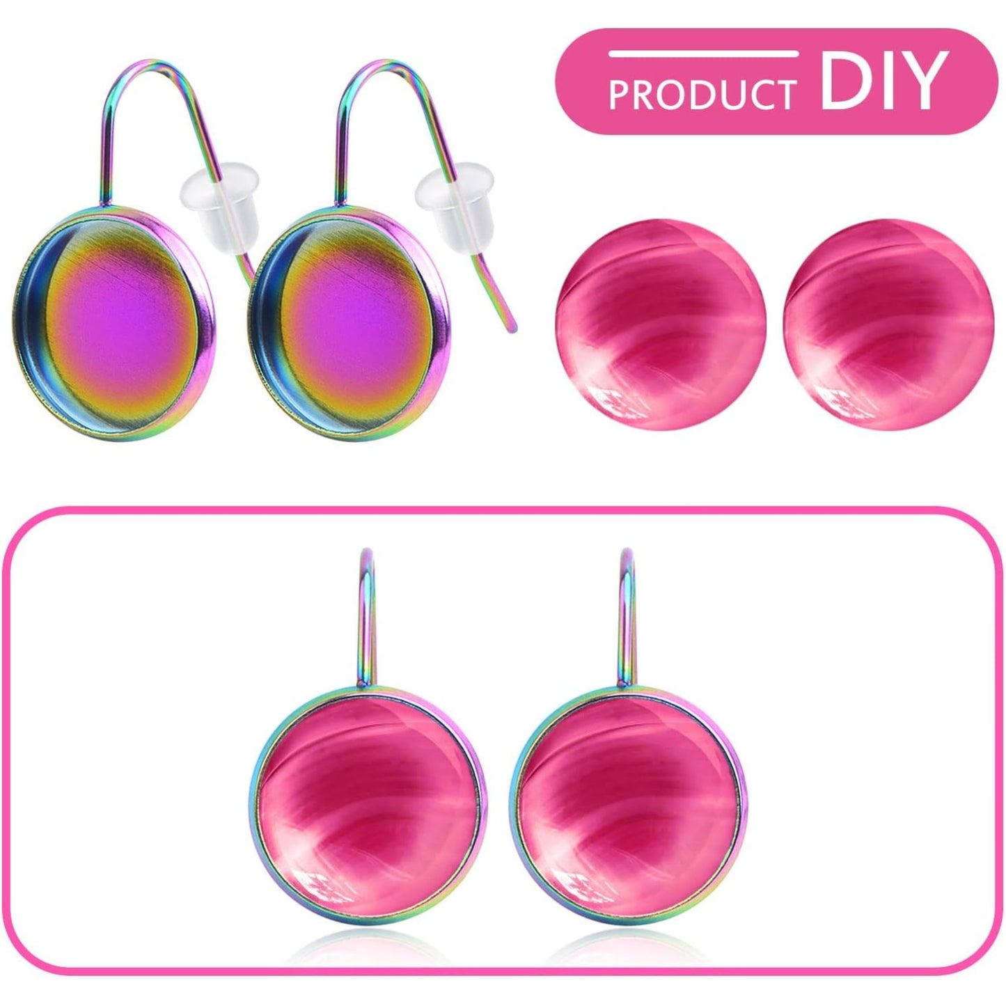 20pcs 12mm Rainbow Color Earring Wire Hooks Blanks Stainless Steel Flat Round Bezel Trays Cabochon Settings and 20pcs Earring Backs for DIY Earrings Jewelry Making Supplies