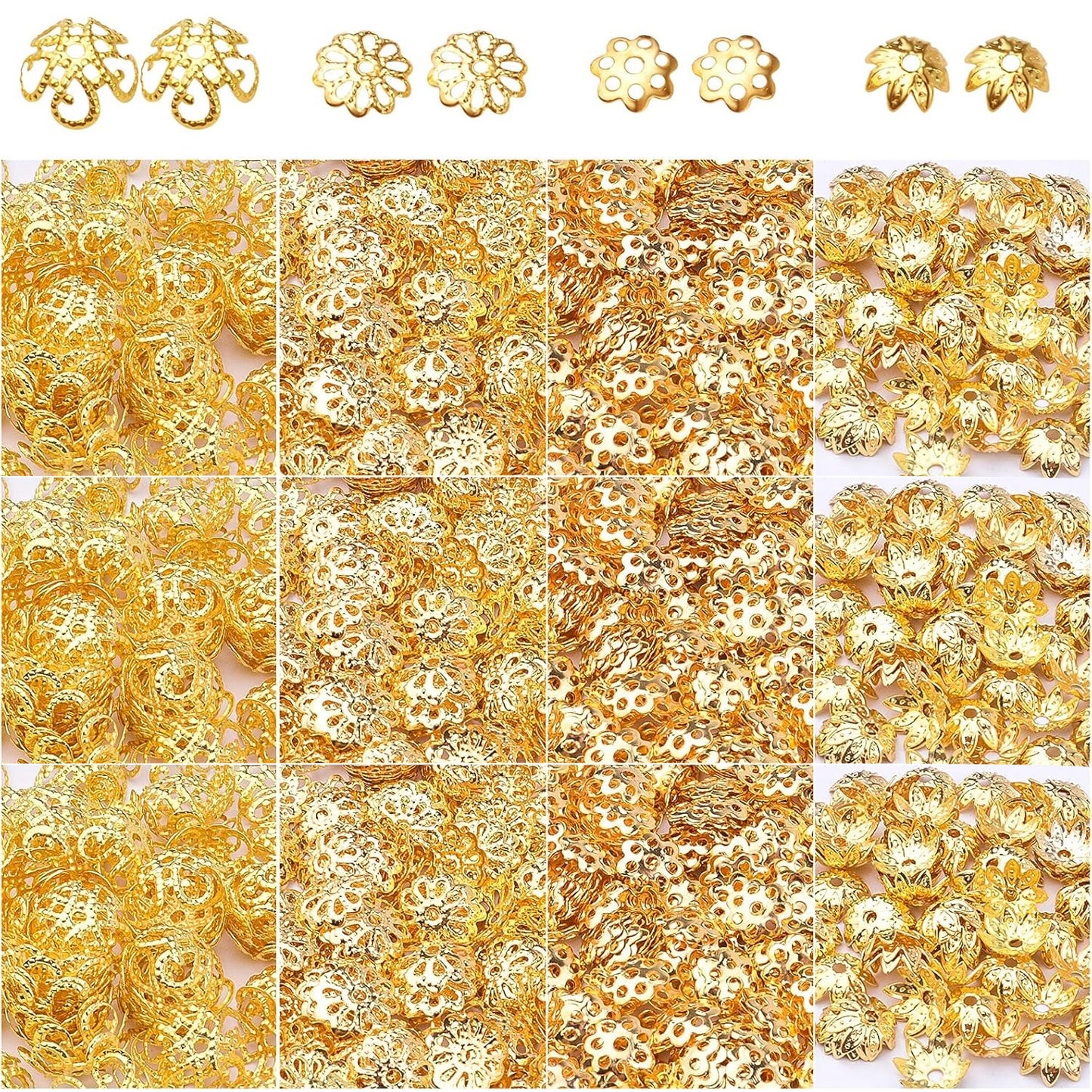 2000pcs Filigree Flower Bead Caps Alloy Hollow Spacer Beads Caps for DIY Charm Bracelet Earrings Craft Jewelry Making Supplies Birthday Christmas Party Favor Gifts, 4 Styles, 2 Colors