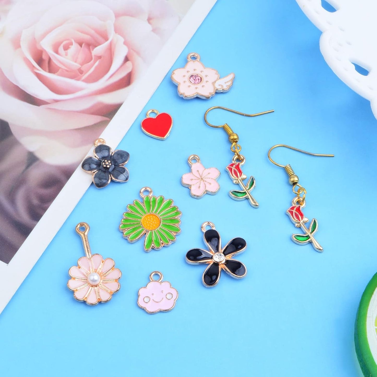 37pcs Golden Plated Colorful Enamel Spring Themed Charms Alloy Mixed Butterfly Rose Daisy Flower Charm Pendants for DIY Bracelet Necklace Jewelry Making Supplies, 37 Styles