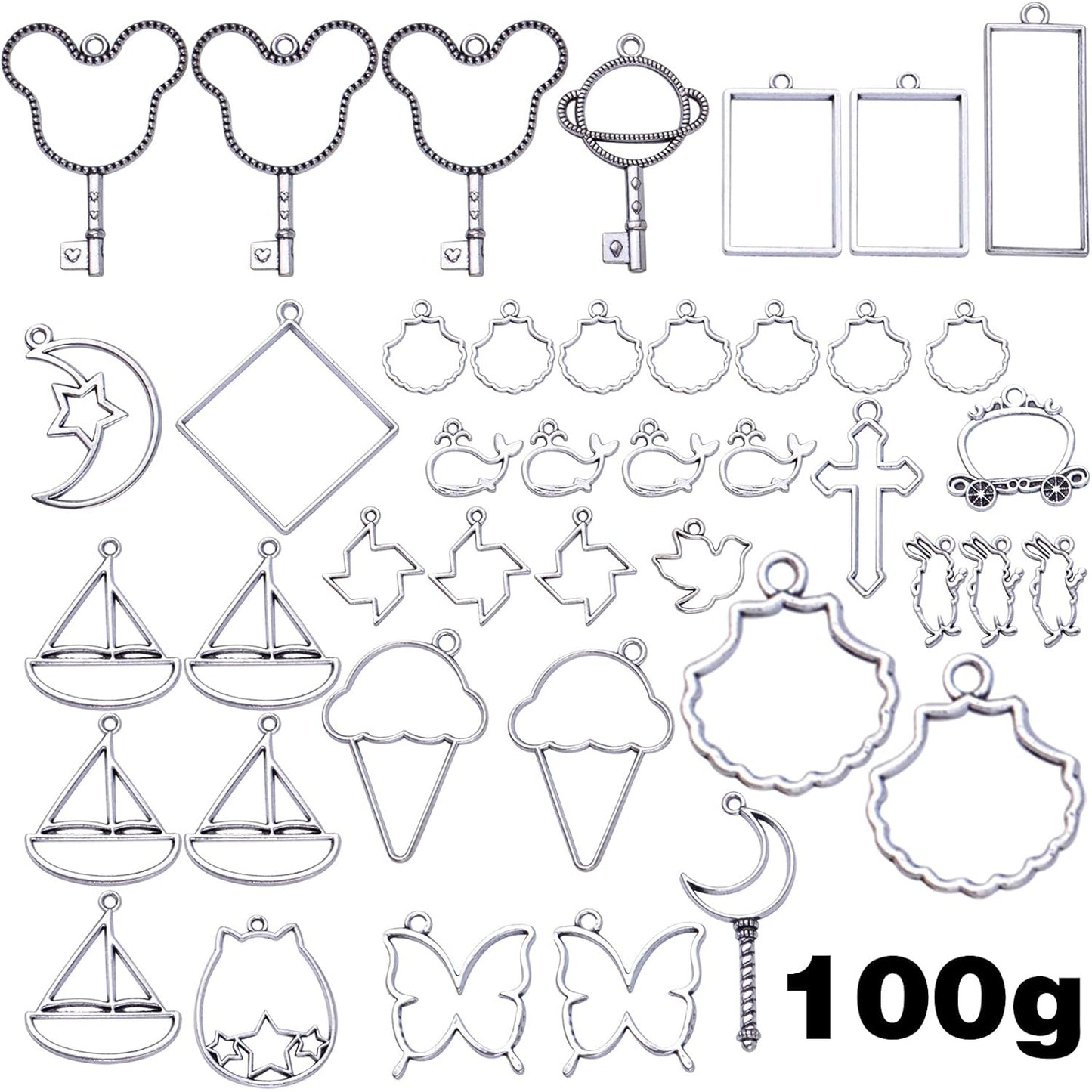 100g Antique Silver Bezel Charms Pendants Alloy Open Back Bezel Blanks Hollow Pressed Flower Frame Pendant Resin Molds for DIY Jewelry Crafts Making Necklace Earrings, Mixed Styles