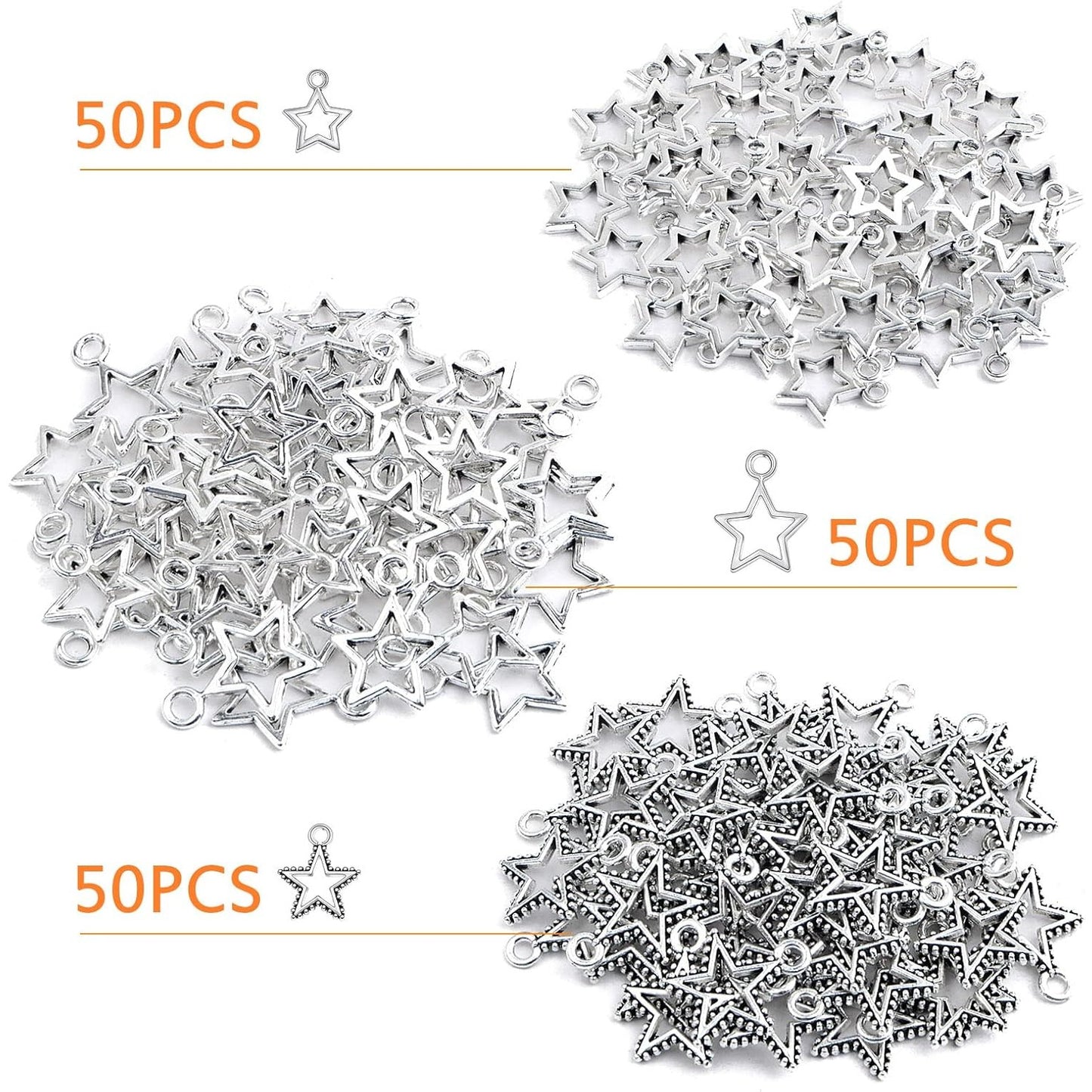 150pcs Antique Silver Pentagram Star Pendant Charms Tibetan Alloy Mini Star Shape Dangle Pendants Craft Supplies for DIY Necklace Bracelet Earrings Jewelry Making, 3 Styles