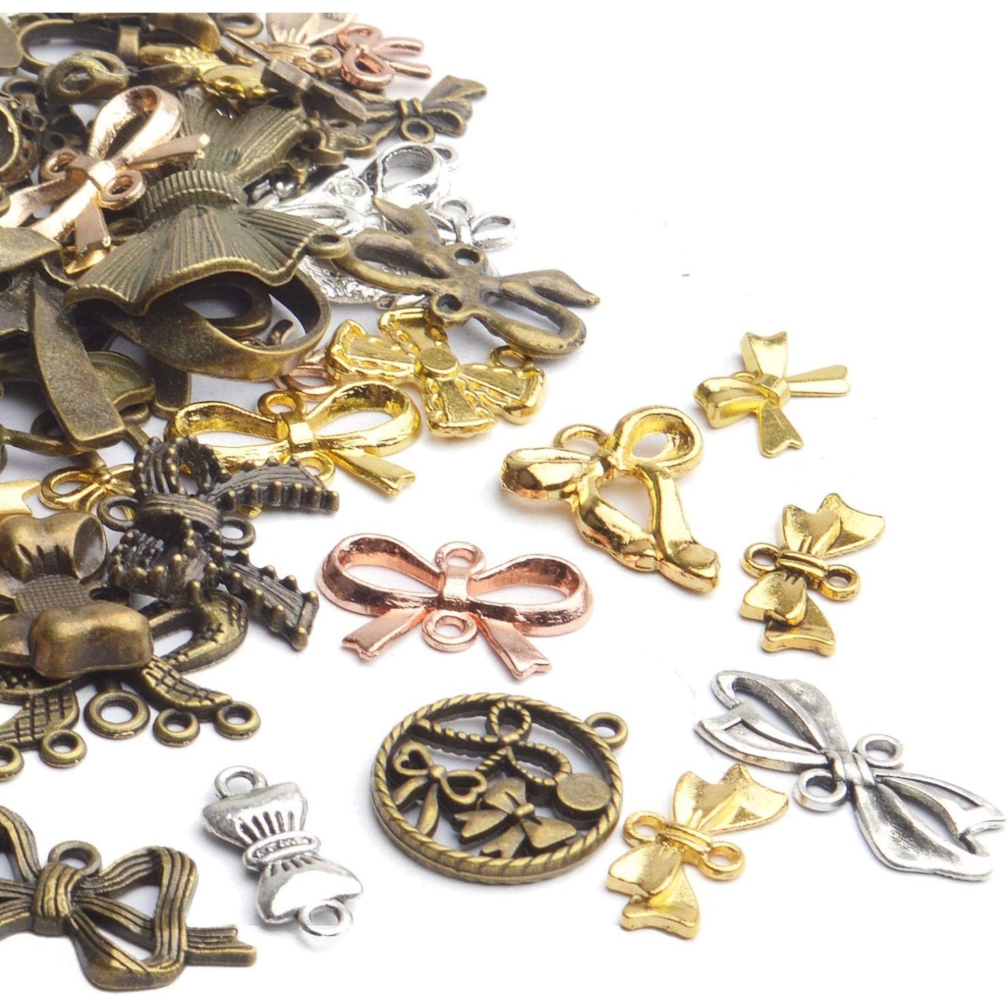 Bow Pendant Charms, 100 Gram(About 50-80pcs) Alloy Bow Tie Pendant Mixed Bow Pendant Handmade Bowknot Charms Crafts for Bracelet Necklace Jewelry Making, 10-70mm