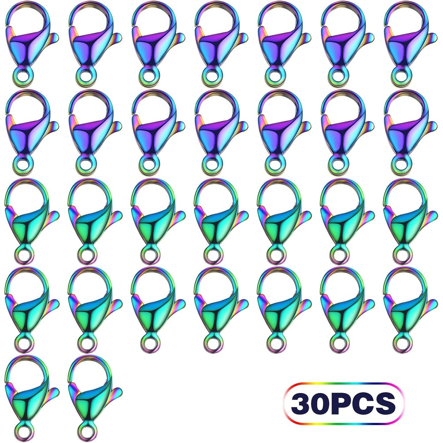 30 Pieces Rainbow Color Lobster Claw Clasps Stainless Steel Necklace Lobster Clasp Fastener Hook Clasps for DIY Bracelet Jewelry Making Findings, 12 x 7 mm