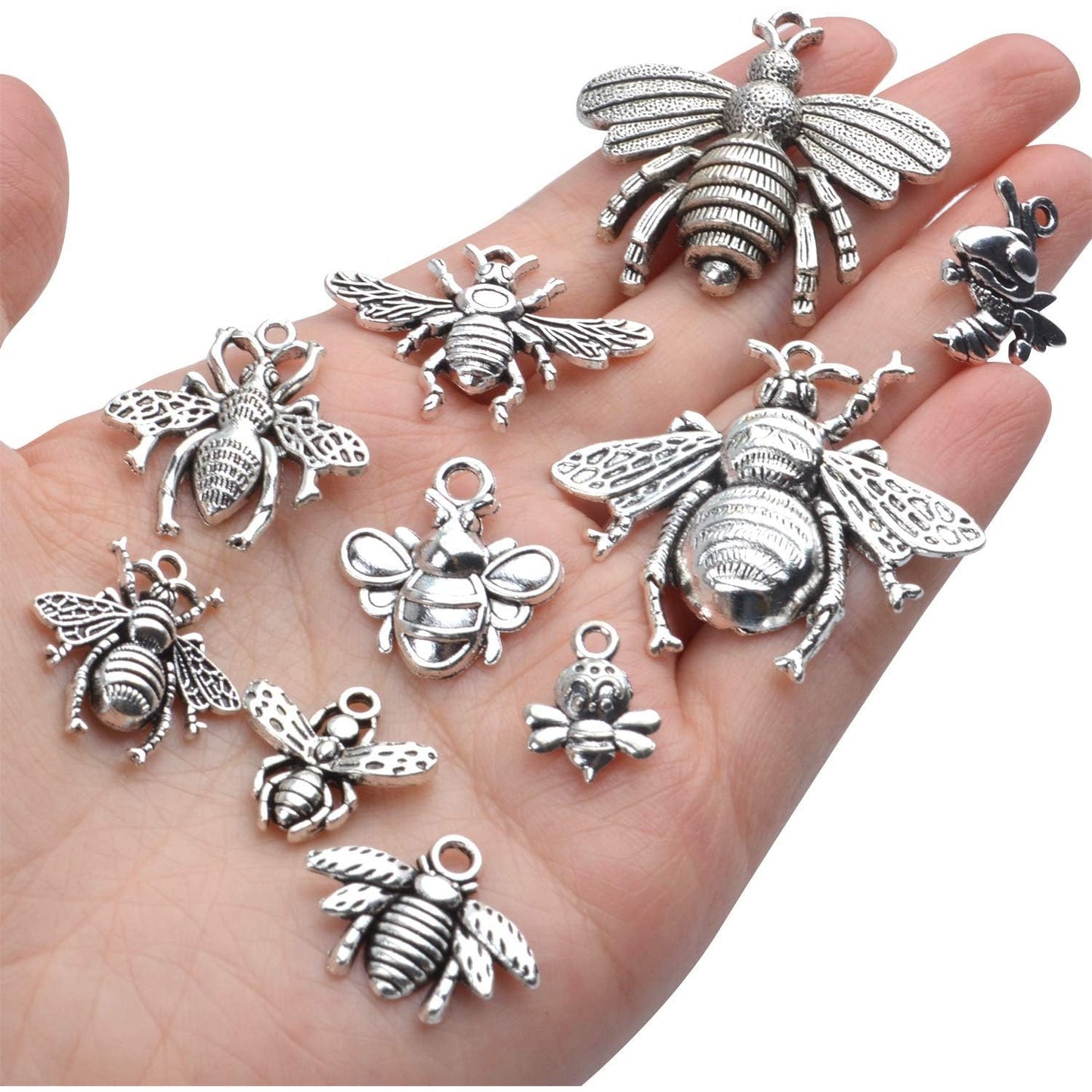 100g (30-60pcs) Antique Silver Mixed Honey Bee Charm Pendants Alloy Bee Pendant Flying Insect Charms Craft Supplies for DIY Necklace Bracelet Jewelry Making