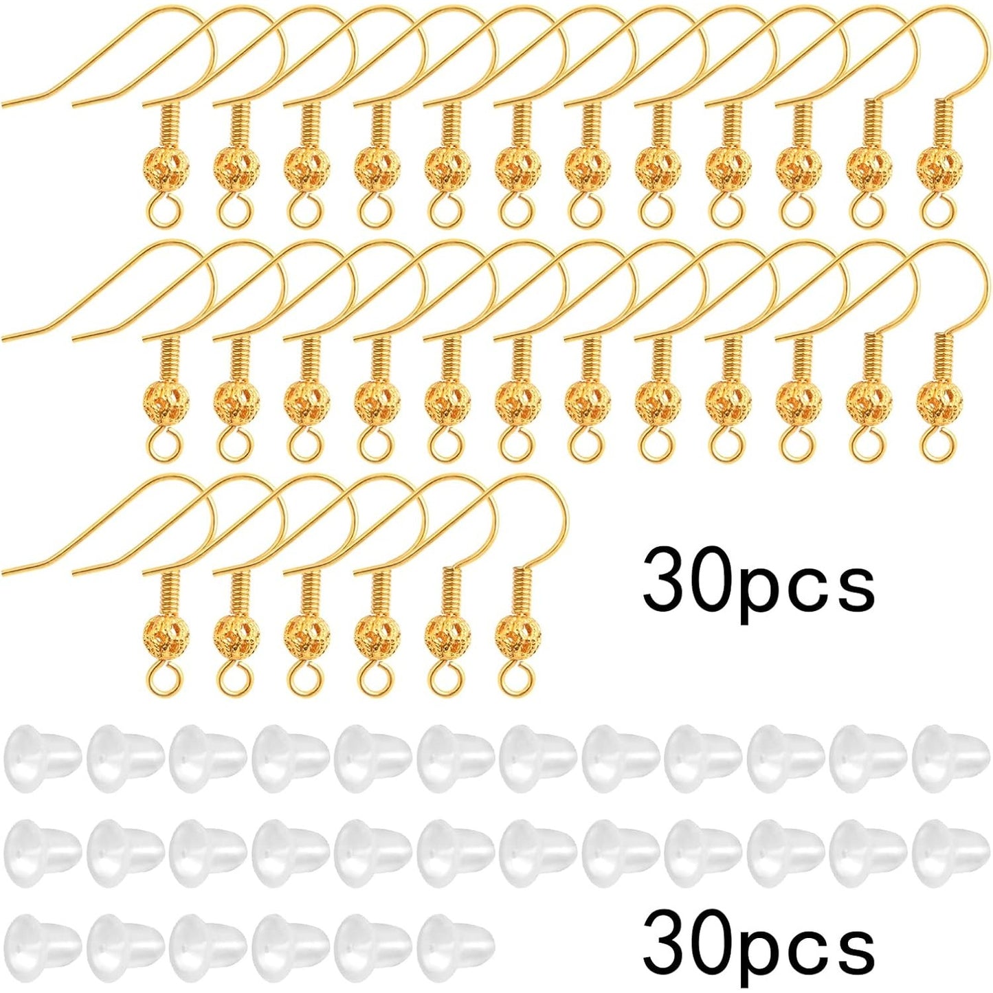 30pcs Golden Hypoallergenic Earring Fish Hooks Brass French Hollow Flower Ball Earwire Hooks and 30pcs Clear Earring Safety Backs for DIY Earrings Jewelry Making Supplies