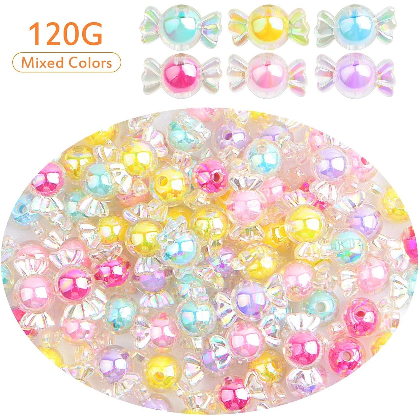 120 Gram (About 90pcs) Acrylic Candy Bow Beads Mixed Colors Cute Candy Shape Beads Shiny Kawaii Charm Beads Embellishments for DIY Hairband Bracelets Necklaces Jewelry Making
