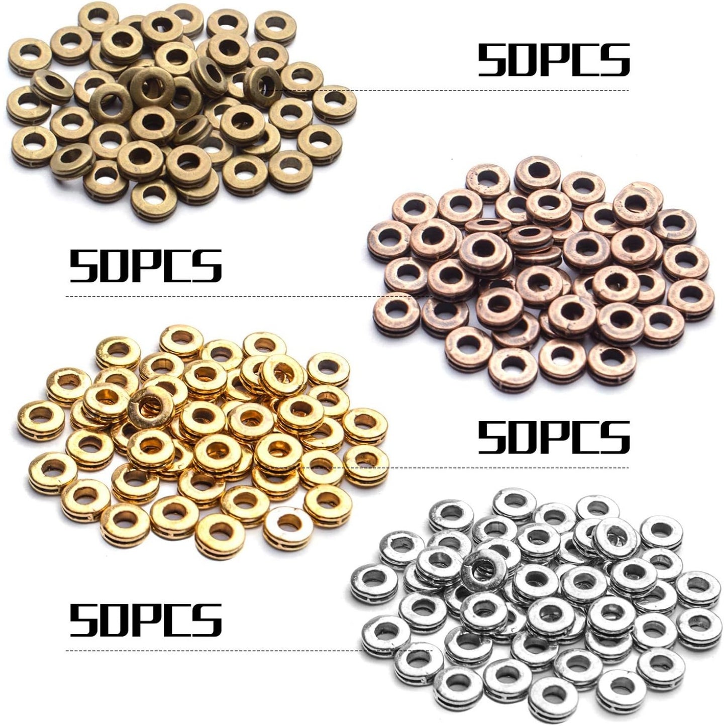 Rondelle Spacer Beads, 200pcs 6mm Flat Round Spacer Beads - Metal Craft Supplies for DIY Jewelry Making - Antique Golden, Silver, Bronze, Copper