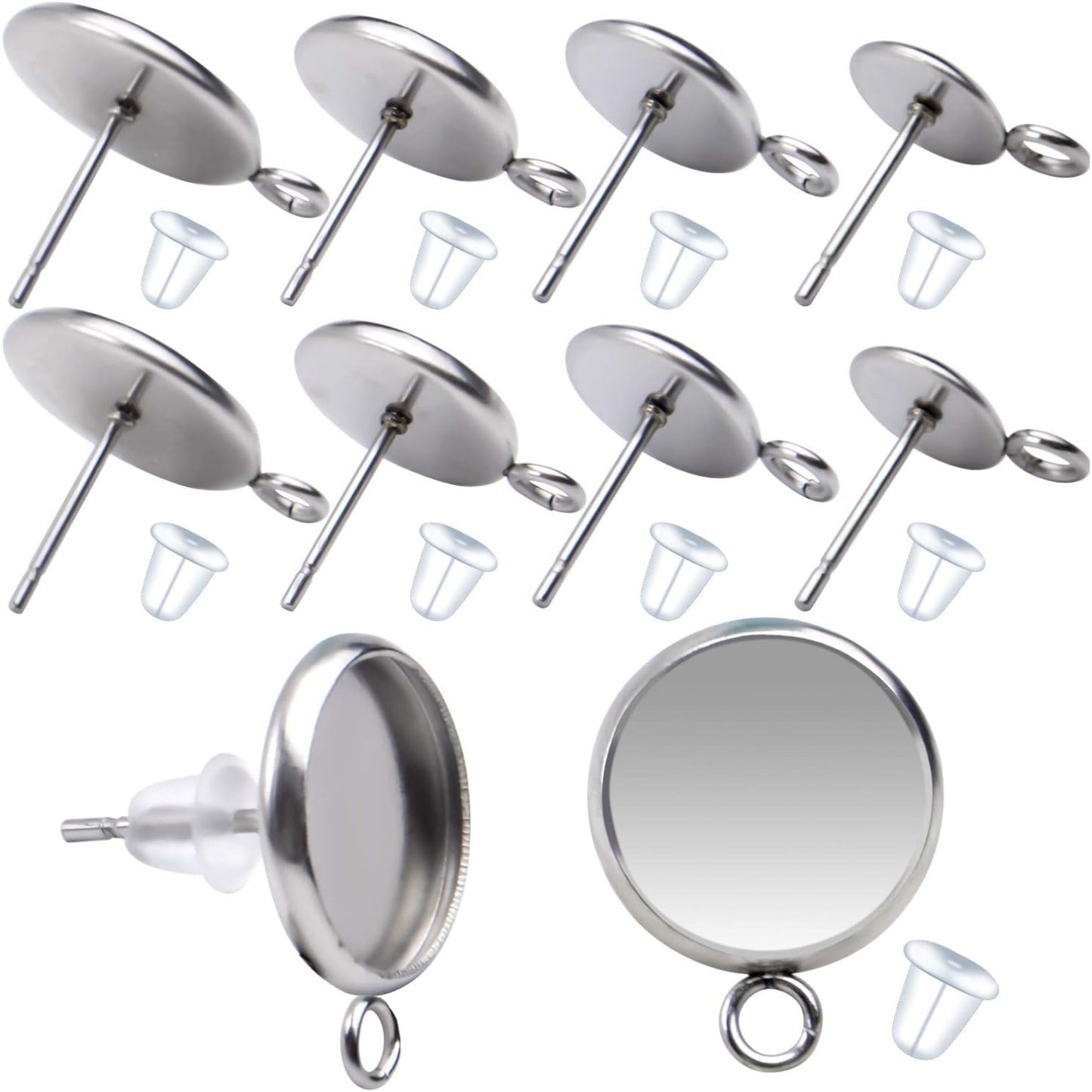 40 Pieces Stainless Steel Cabochon Blank Earring Studs Earring Tray and 40 Pieces Silicone Clear Earring Back for Earring Making,6mm,8mm,10mm,12mm