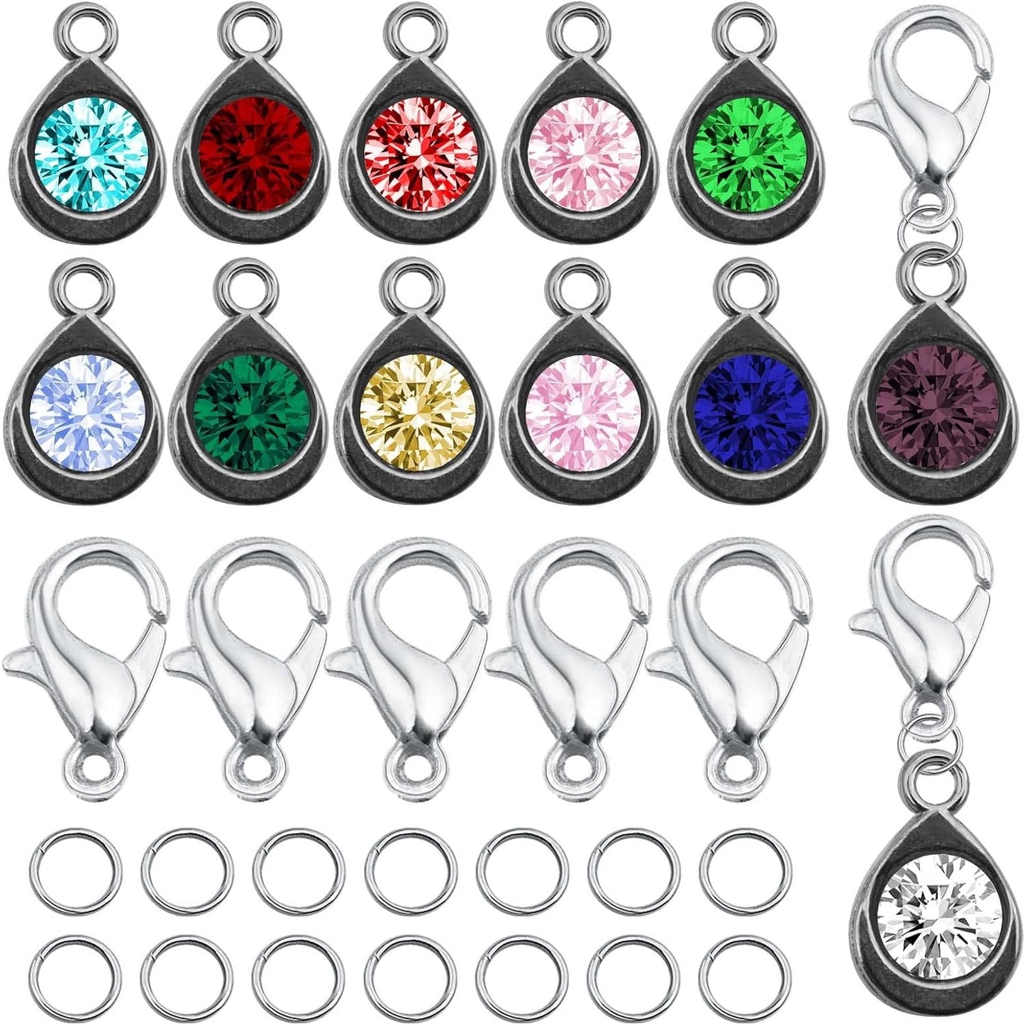 24pcs 12 Colors Crystal Birthstone Charms with 24pcs Metal Lobster Clasps and 24pcs Jump Rings Teardrop Shape Crystal Glass Dangle Pendants for DIY Necklace Earring Jewelry Making