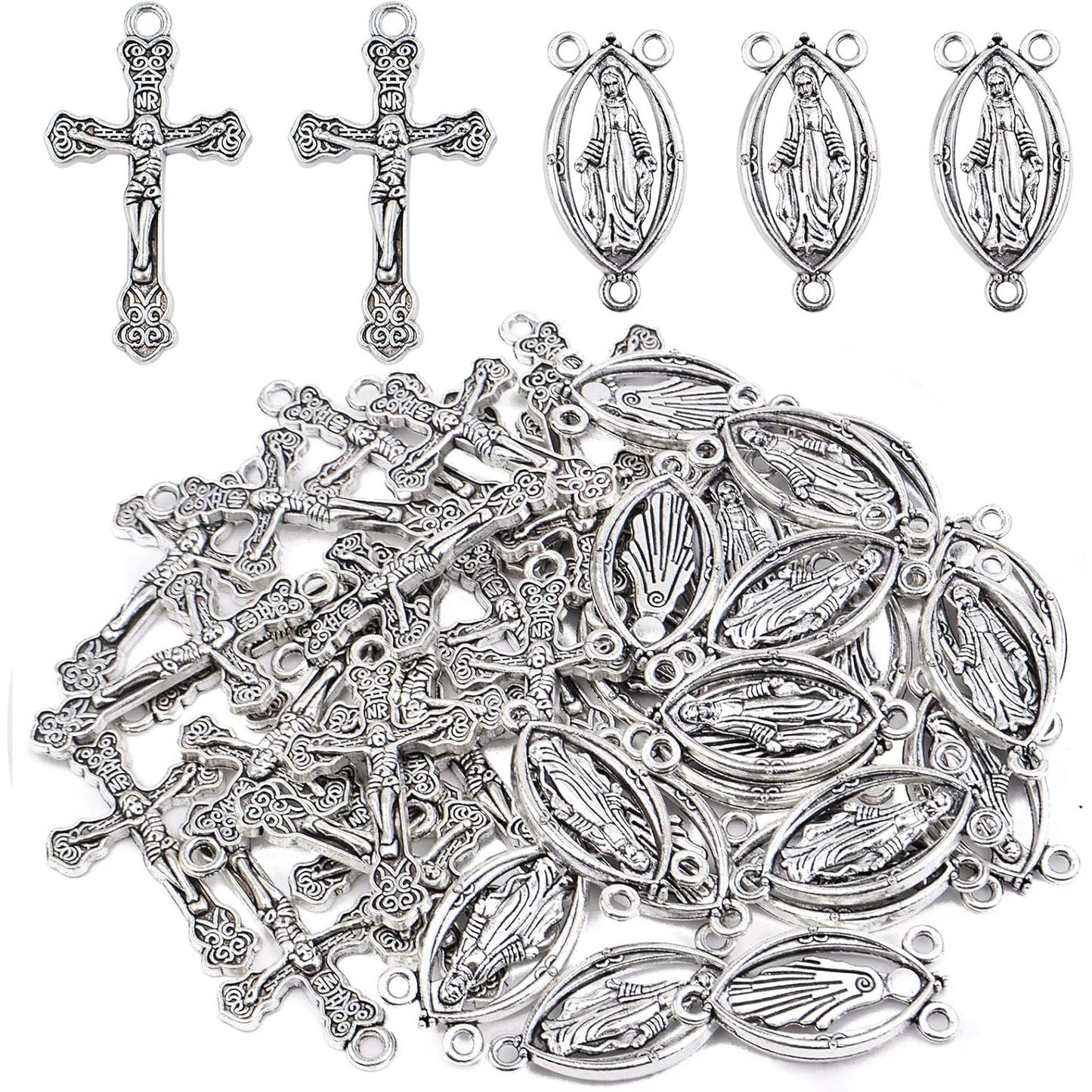 40pcs Gold Plated Rosary Cross and Center Charms Miraculous Medal Pendant Alloy Tibetan Style Jesus Crucifix Cross Pendants Oval Chandelier Links for Rosary Holy Beads Necklace Making