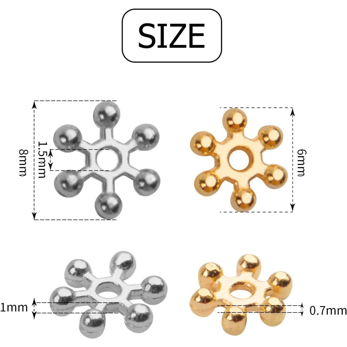 400pcs Snowflake Spacer Beads Flat Metal Spacers for Bracelet Necklace Jewelry Making, 6mm/8mm Diameter,Bright Silver & Bright Gold