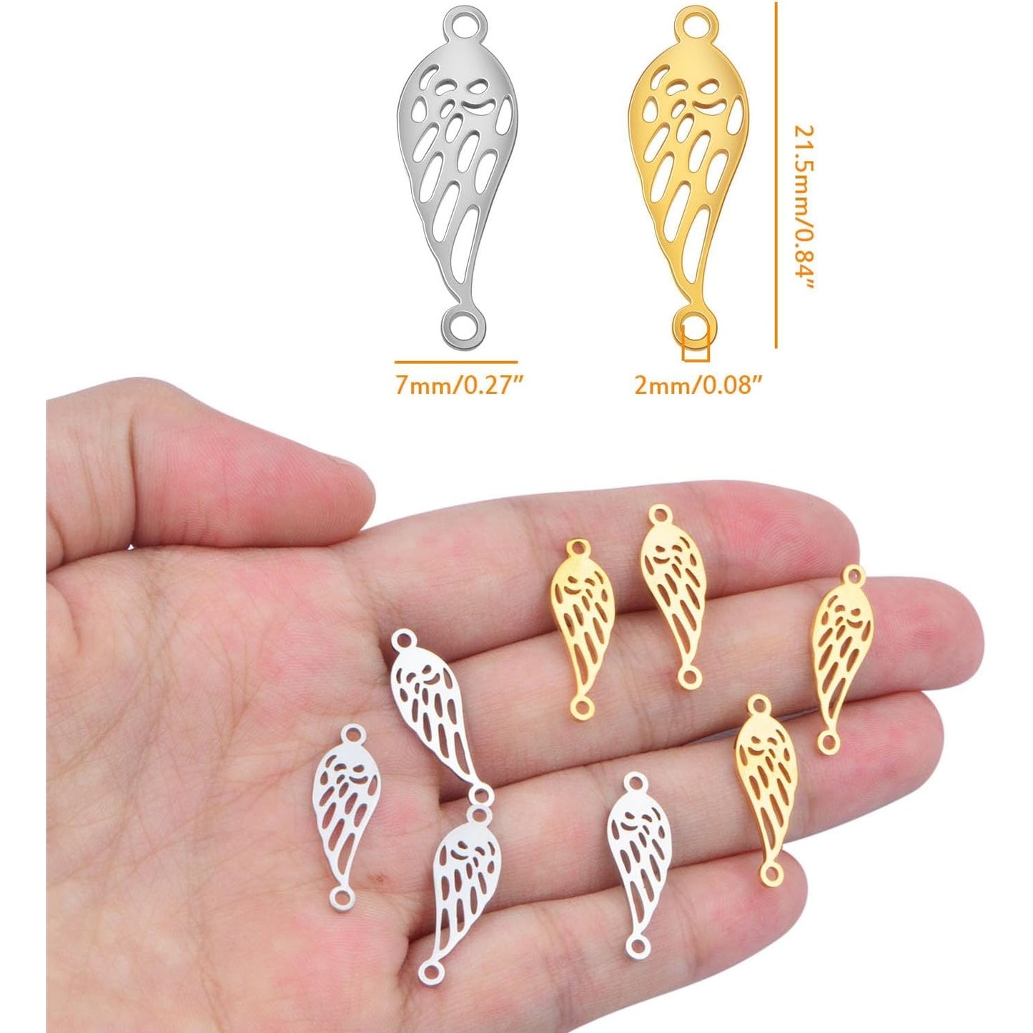 10pcs 2 Colors Hypoallergenic Angel Wings Charms Stainless Steel Feather Fairy Wing Pendants with 2 Holes Craft Supplies for DIY Bracelet Necklace Earrings Jewelry Making