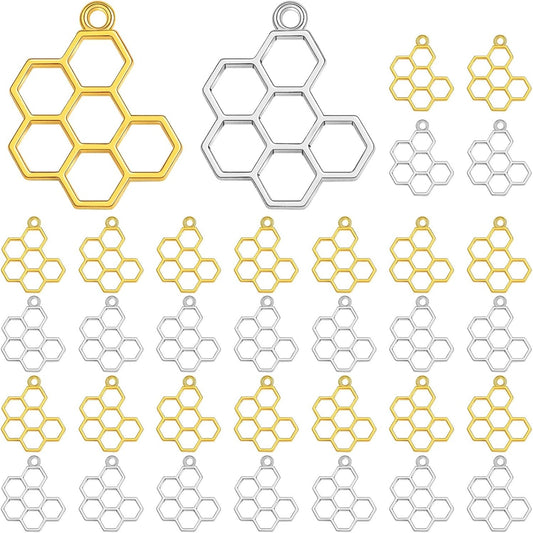100 Pieces Hollow Frame Honeycomb Charms Alloy Blank Open Back Bezel Pendants Charms for DIY Necklace Bracelet Jewelry Making Resin Crafts, 2 Colors