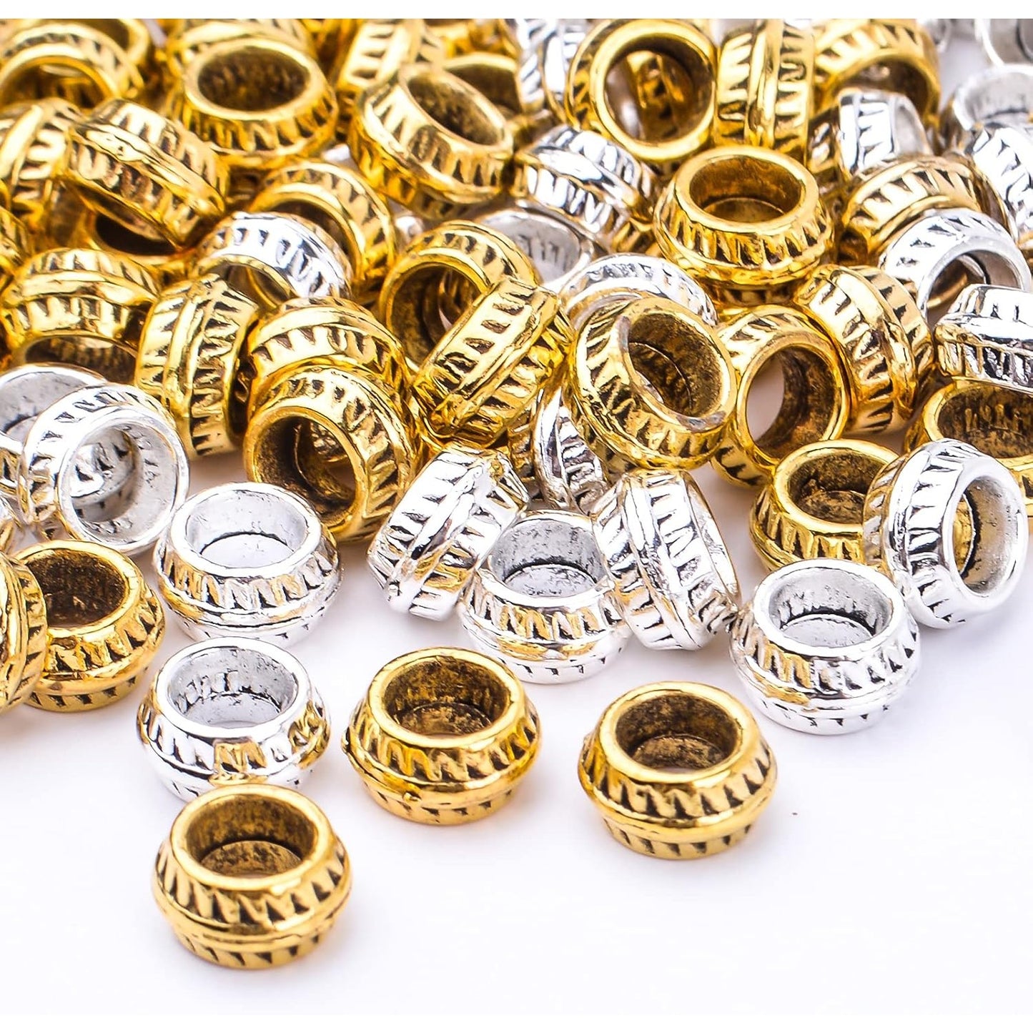 Large Hole Spacer Beads, 200pcs 7mm Round Beads European Alloy Spacer Bead Charms Craft Supplies for Bracelet Necklace Jewelry Making, Antique Gold, Antique Silver