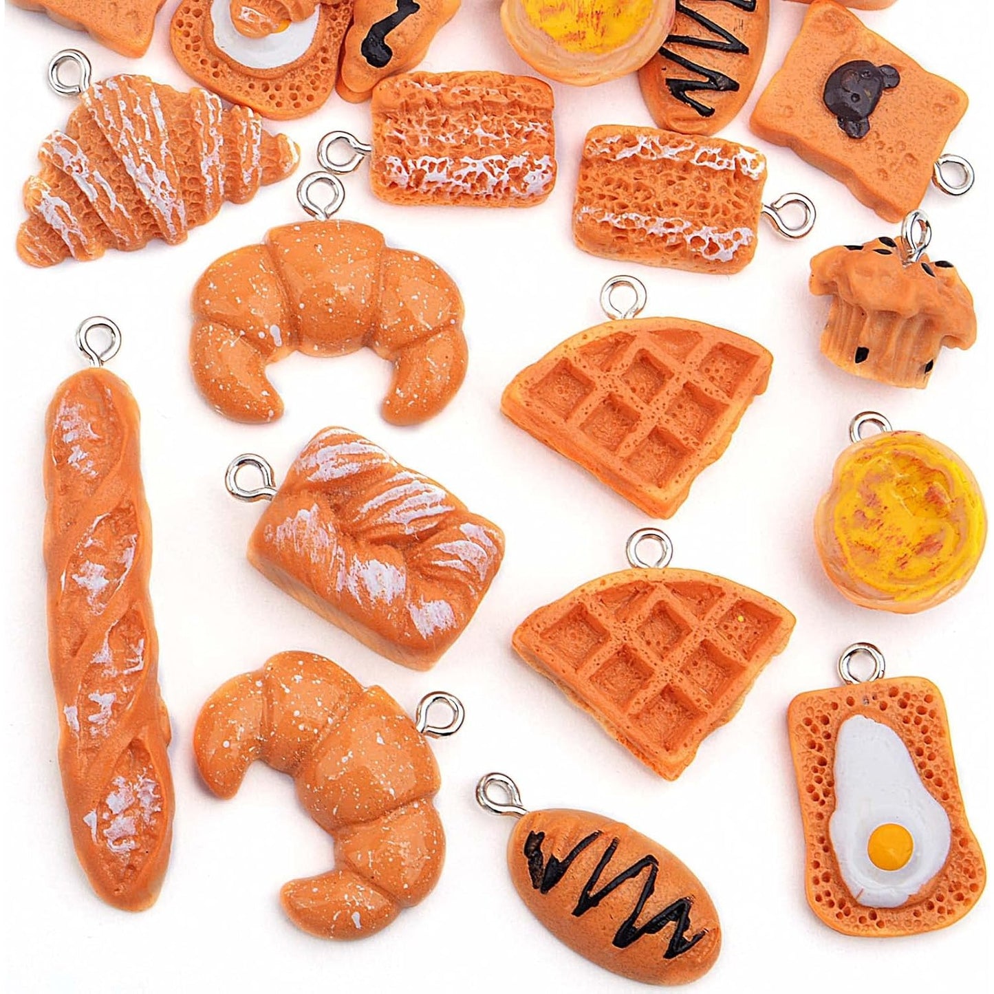 24pcs Mixed Imitation Food Charms Resin Loaf Bread Baking Baguette Cake Croissant Waffle Egg Tart Dangle Pendants Ornament for DIY Necklace Keychain Jewelry Making