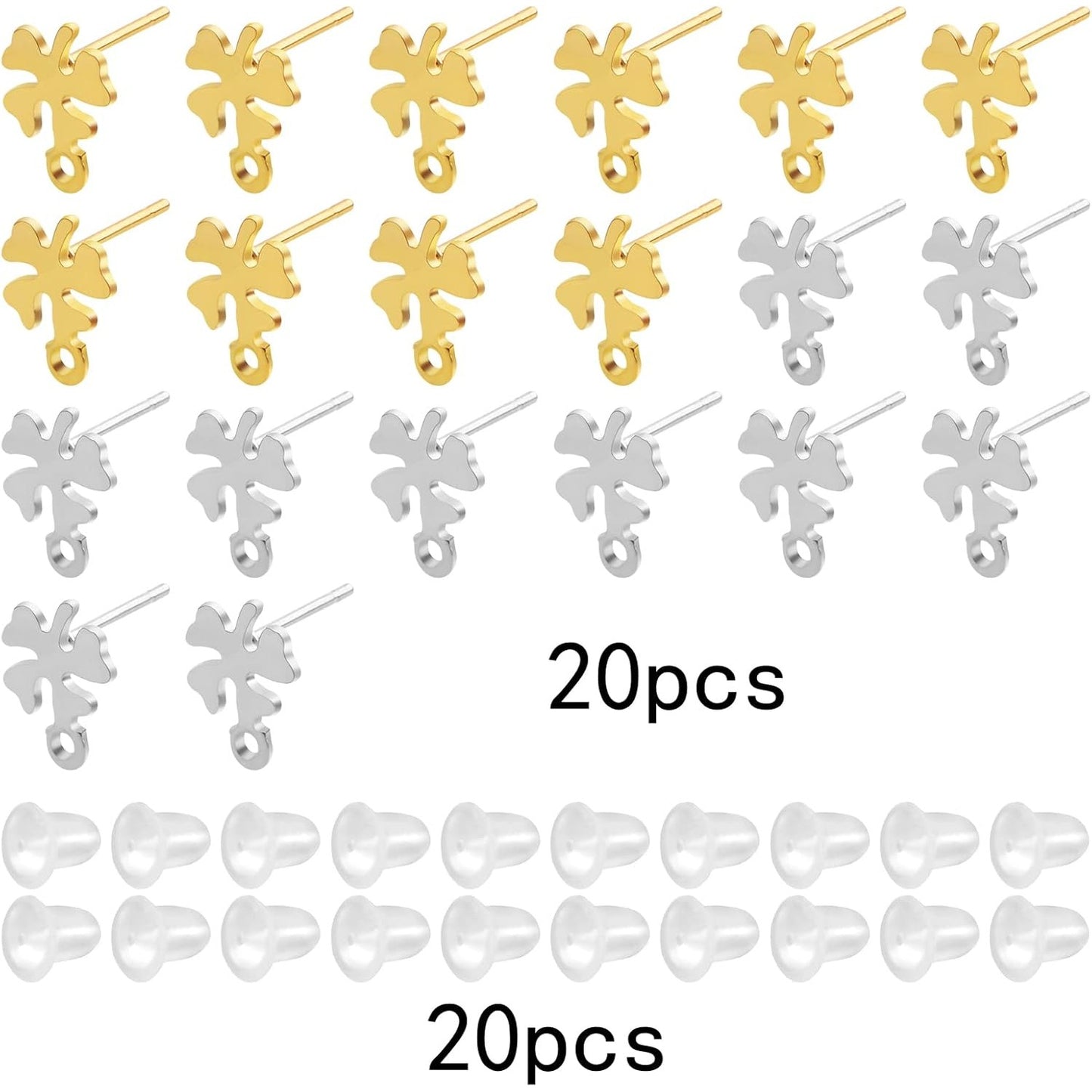 20pcs Stainless Steel Earring Posts with Loop Four Leaf Clover Stud Earrings and 20pcs Silicone Clear Earring Backs for Women DIY Jewelry Making Supplies Gifts, 2 Colors