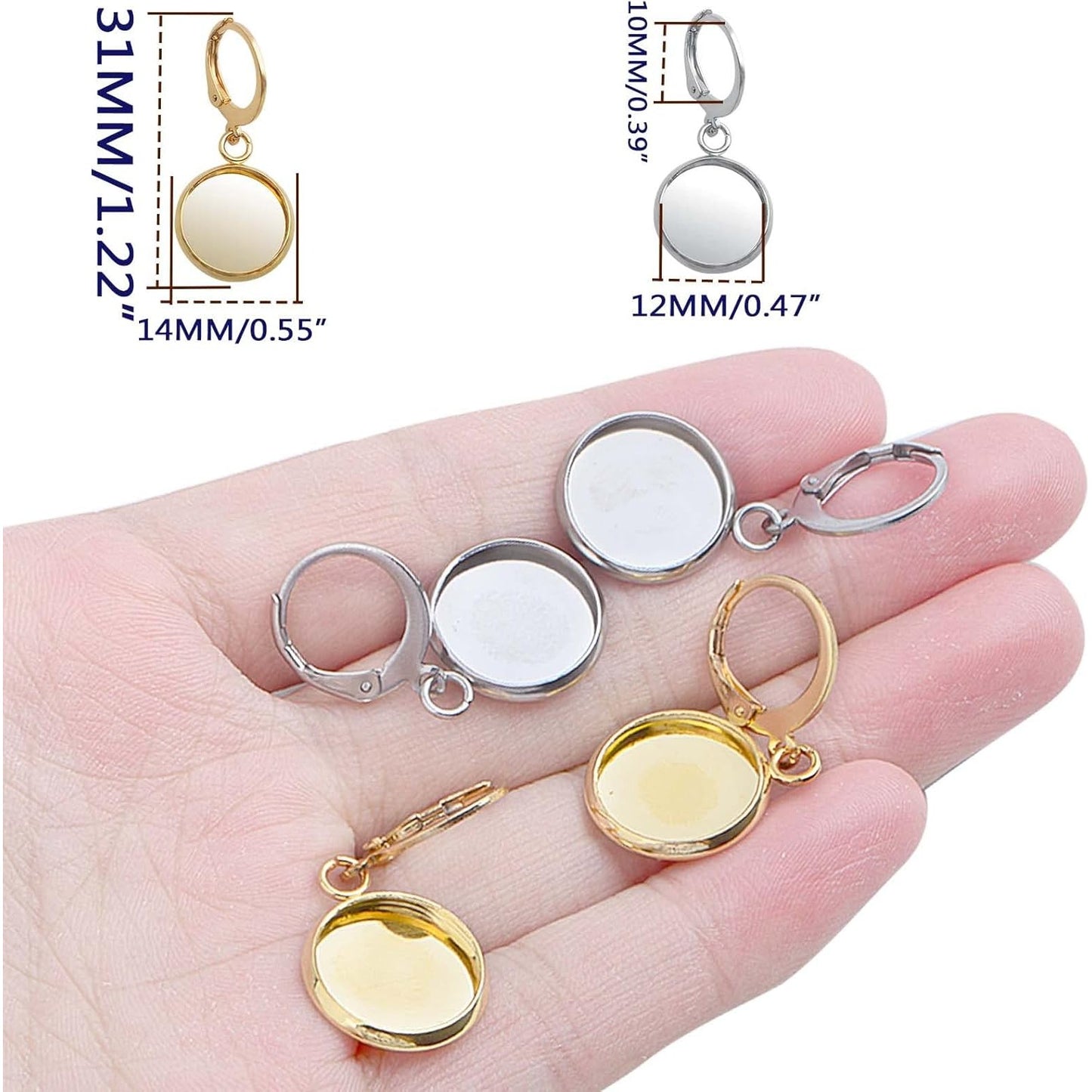 20pcs Leverback French Ear Wires Hooks Stainless Steel Blank Flat Round Bezel Trays Base Earring Cabochon Settings for DIY Earrings Jewelry Making Supplies, 2 Colors