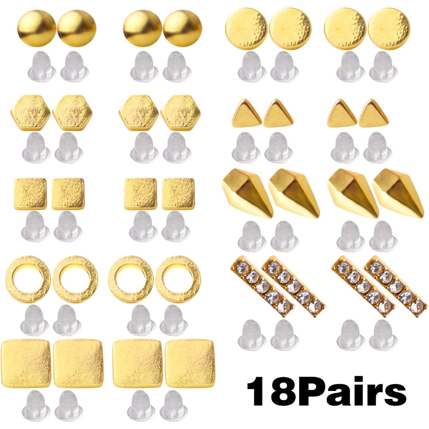 Stainless Steel Earring Studs Set,18 Pairs Gold Plated Earring Pin Studs Geometry Round Ball Cone Earring Post Studs with Clear Bullet Earring Backs for Women Men Ear Studs