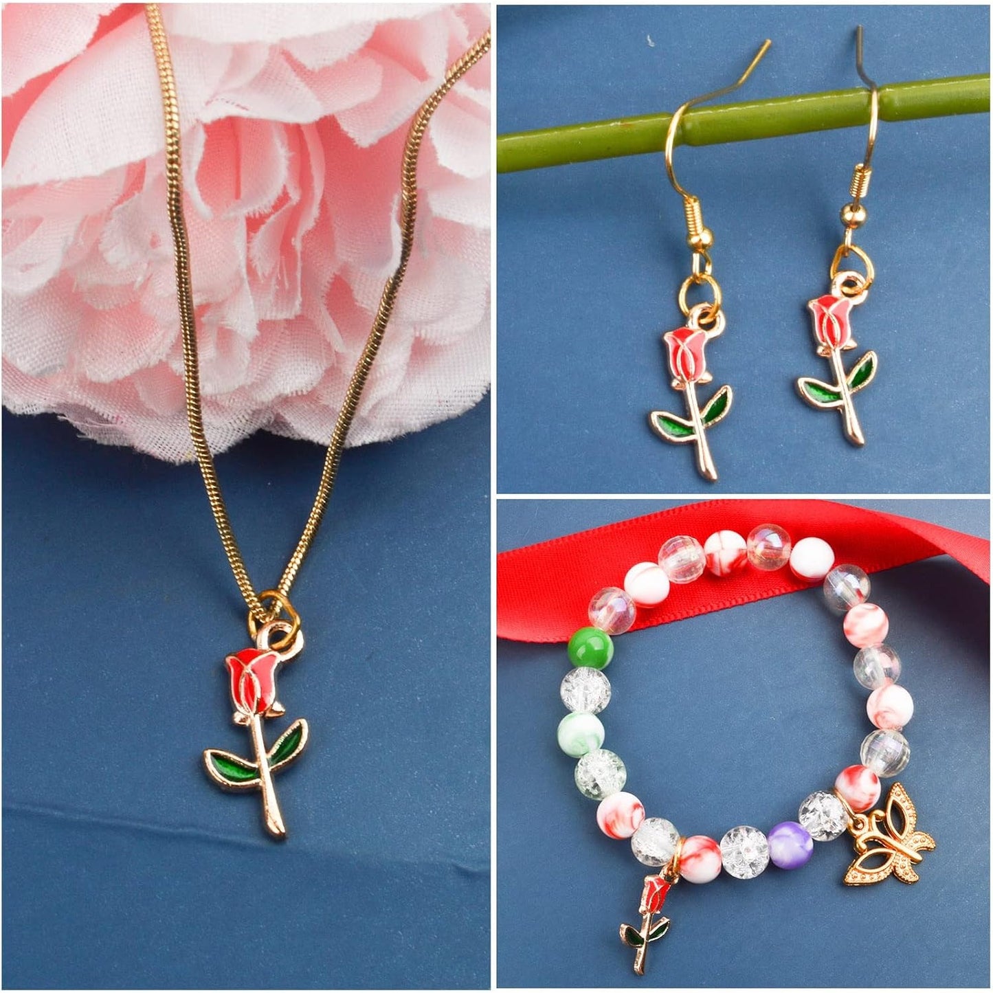 30pcs Enamel Rose Flower Charm Pendants Lovely Dangle Charms for Valentine's Day DIY Bracelet Necklace Earrings Jewelry Making, Red
