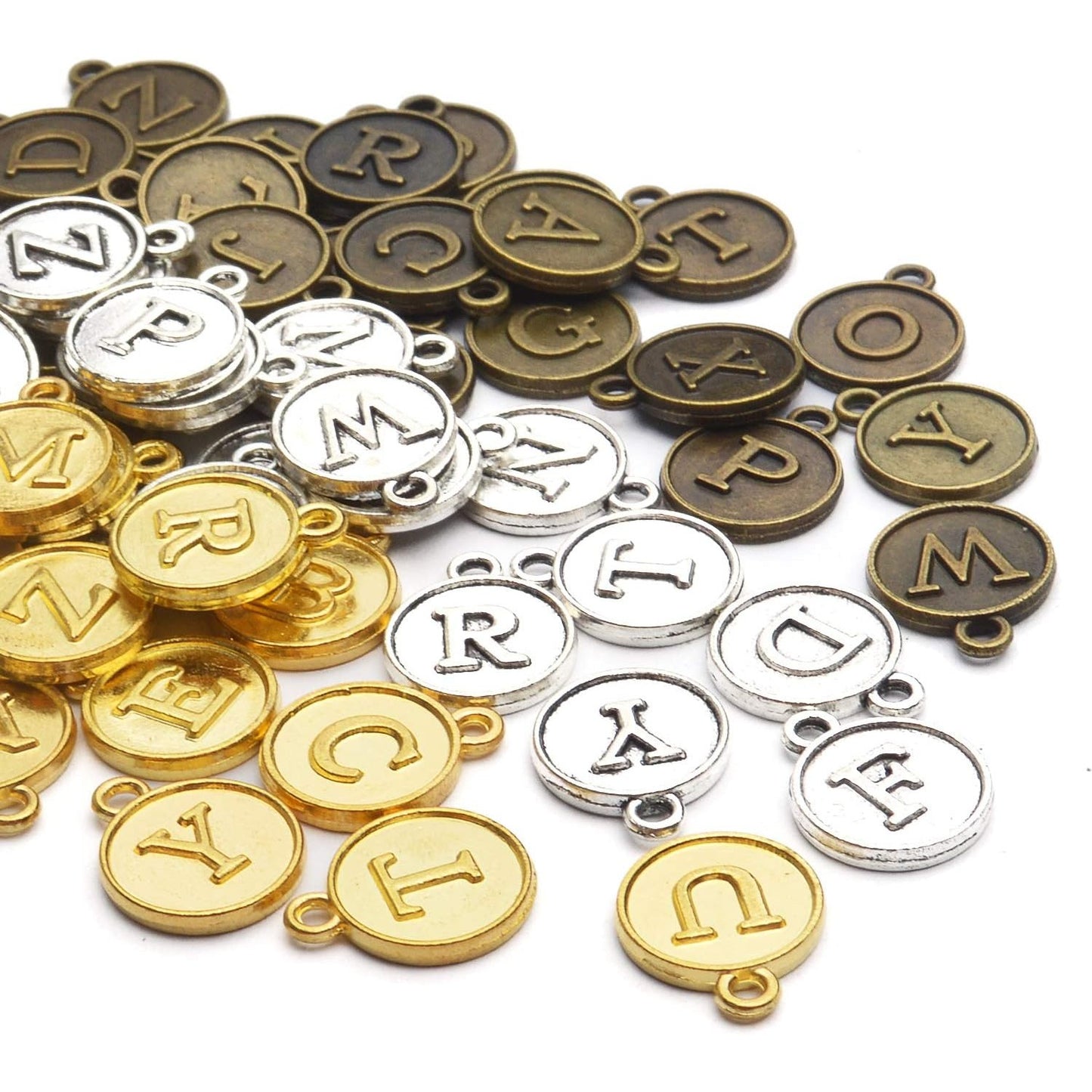 Letter Charms,156pcs (6 Sets) Silver Golden Antique Bronze Alphabet Pendants Charms Round Letter A-Z Charms for Necklace Bracelet Jewelry Making DIY Crafting