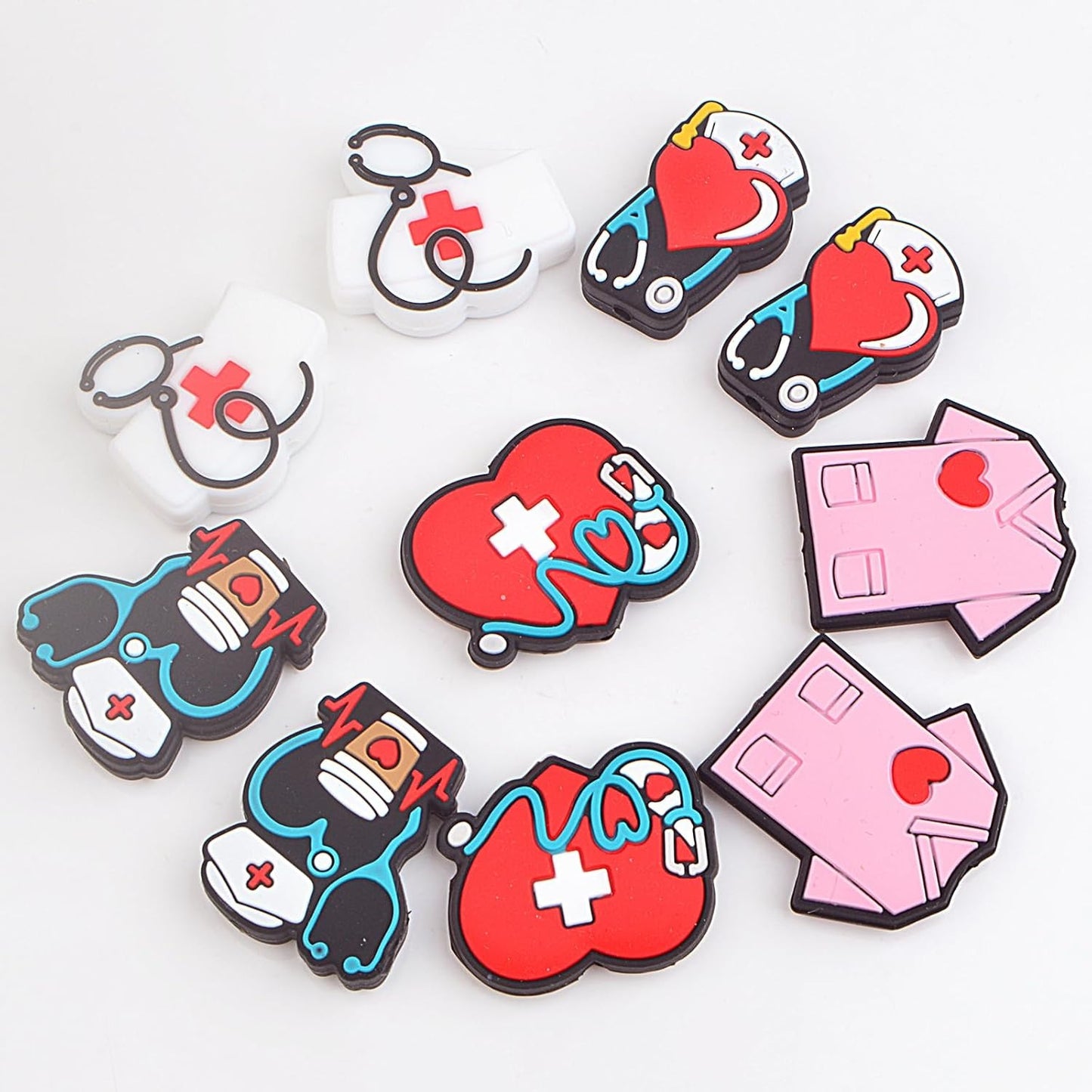 10Pcs Nurse Silicone Bead, Medical Stethoscope Hospital Floral Rubber Loose Spacer Beads Bulk Gifts for Necklaces Bracelets Keychain DIY Jewelry Making Crafts