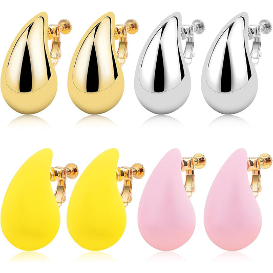 4 Pairs Acrylic Drop Clip-on Earrings Brass No Holes Chunky Waterdrop-shaped Screw Earring Clips Components for Women Non Pierced Ears Earrings Jewelry Making, 4 Colors
