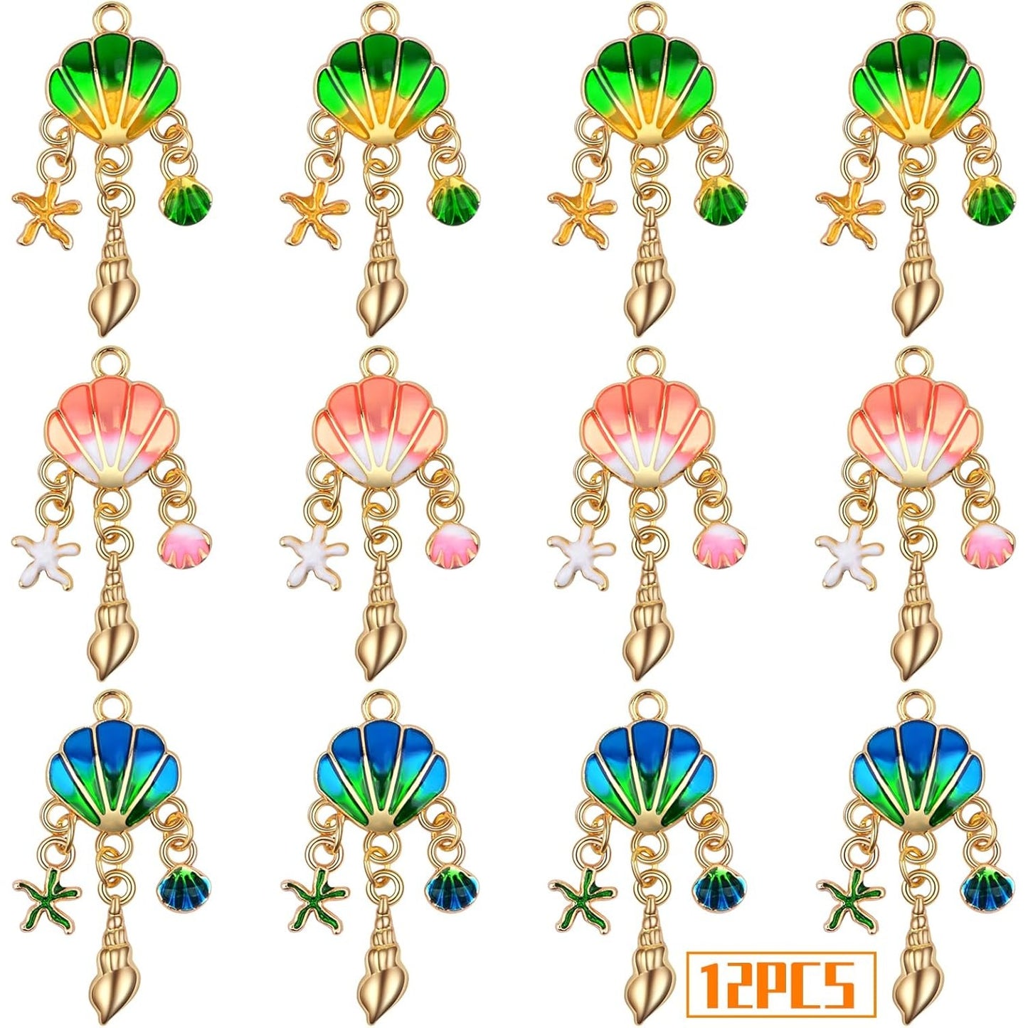 12pcs Golden Plated Enamel Shell Charms with Starfish Conch Seashell Colorful Ocean Seashell Beach Dangle Pendants for DIY Necklace Bracelet Earrings Jewelry Making