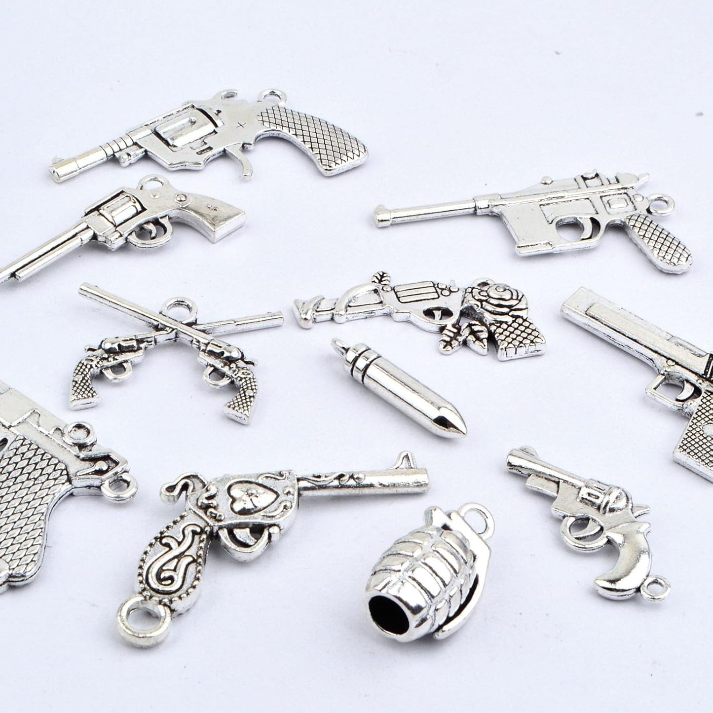 Gun Charms Collection, 100 Gram Antique Silver Mixed Pistol Gun Weapon Bullet Pendant Charms with a Box for DIY Necklace Bracelet Keychains Jewelry Making Supplies