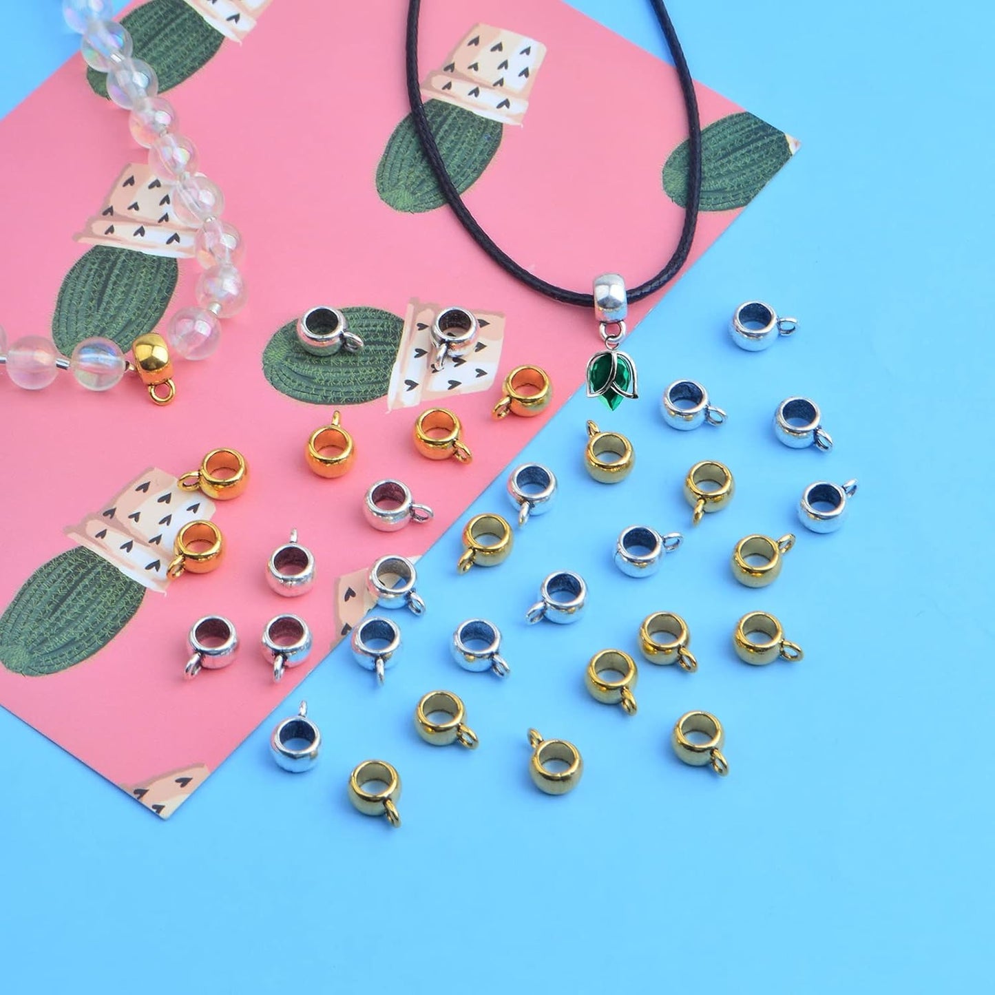 100pcs Tibetan Bail Tube Beads Alloy Column Rondelle Spacer Beads Bail Beads Hanger Dangle Connectors with a Box for European Charm Bracelet Jewelry Making Supplies, 2 Colors