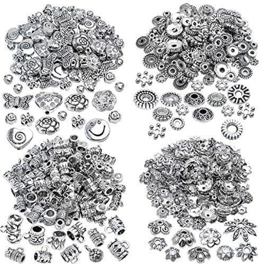 200g (About 400-500pcs) Tibetan Alloy Spacer Beads Flower Bead Caps Bail Tube Beads Rondelle Flower Heart Loose Charm Beads for DIY Bracelet Necklace Crafts Jewelry Making